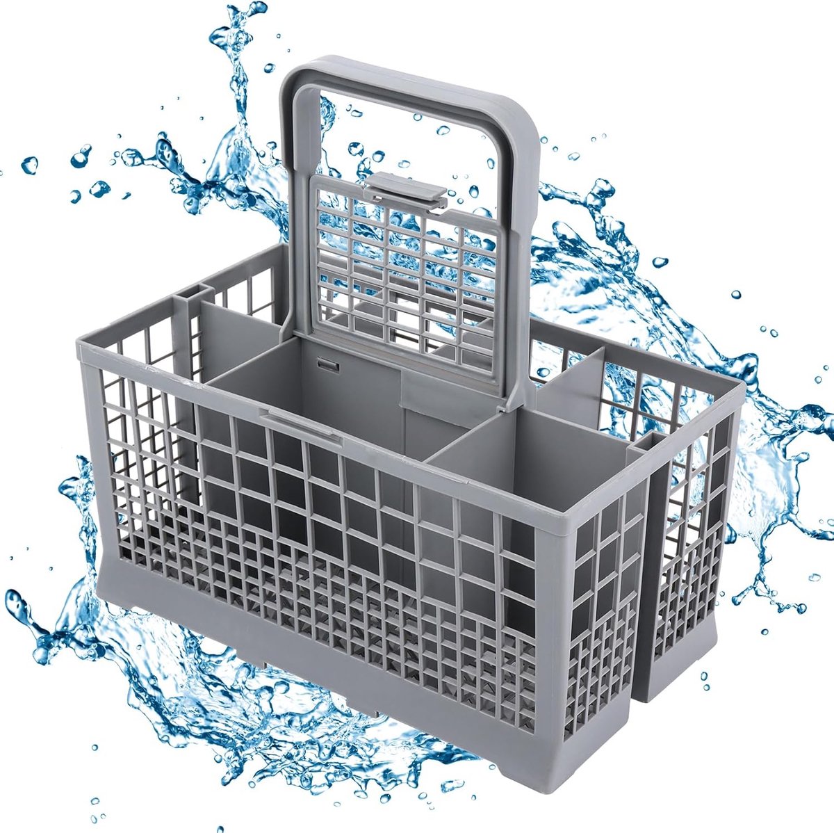 Vaatwasmachinebestekmand, bestekmand voor vaatwasser, bestekmand, stabiele bodem, universeel passend, premium afwasmand met draaggreep voor vele vaatwassers, afneembare handgreep, kunststof, grijs, 24 x 14