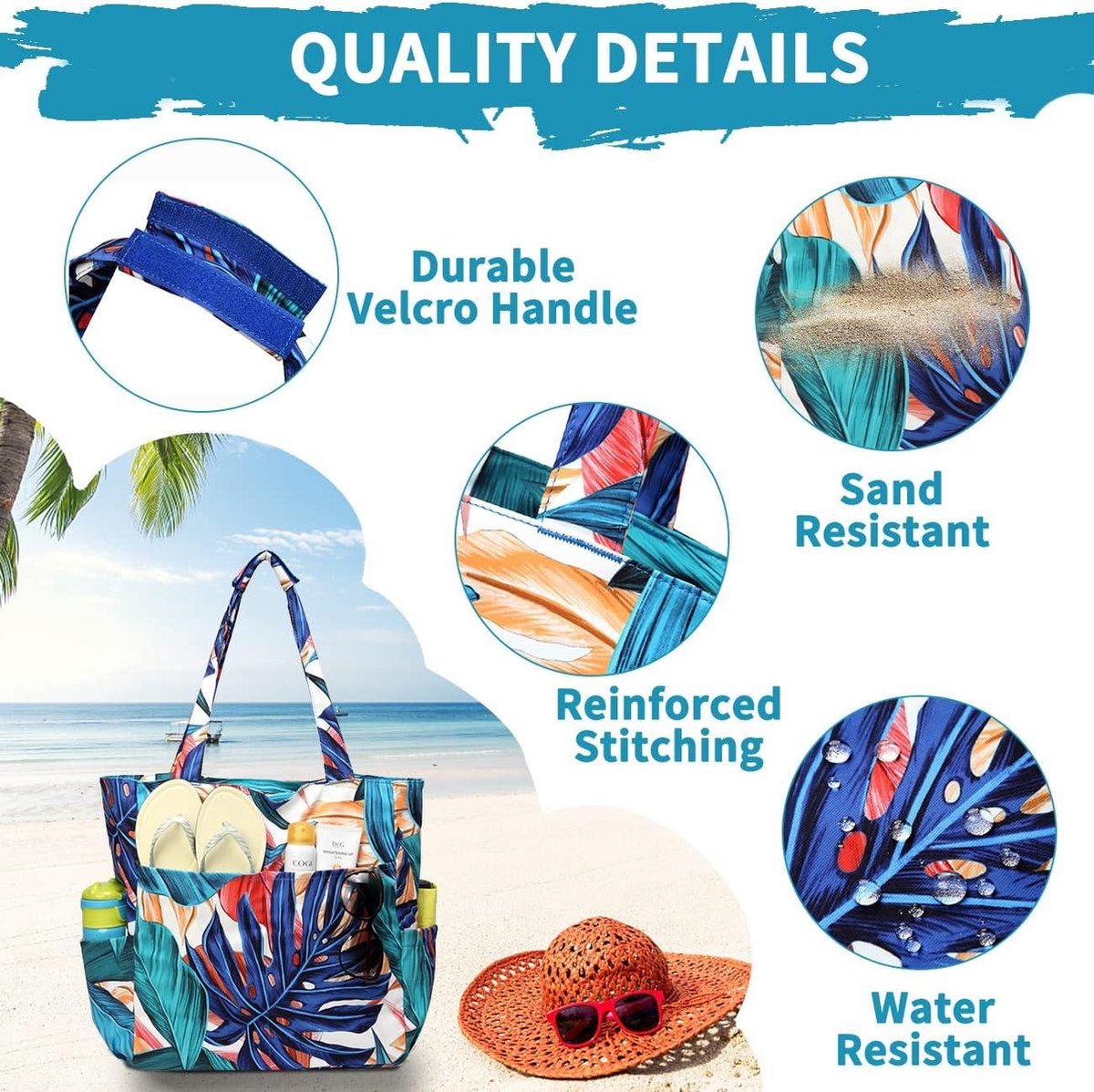 Waterdichte Zanddichte Strandtas voor Dames - Grote Zwemtas - Stijlvolle Ritssluiting - Sportschool Reizen Winkelen School - Palmblad Tote bag met ritssluiting