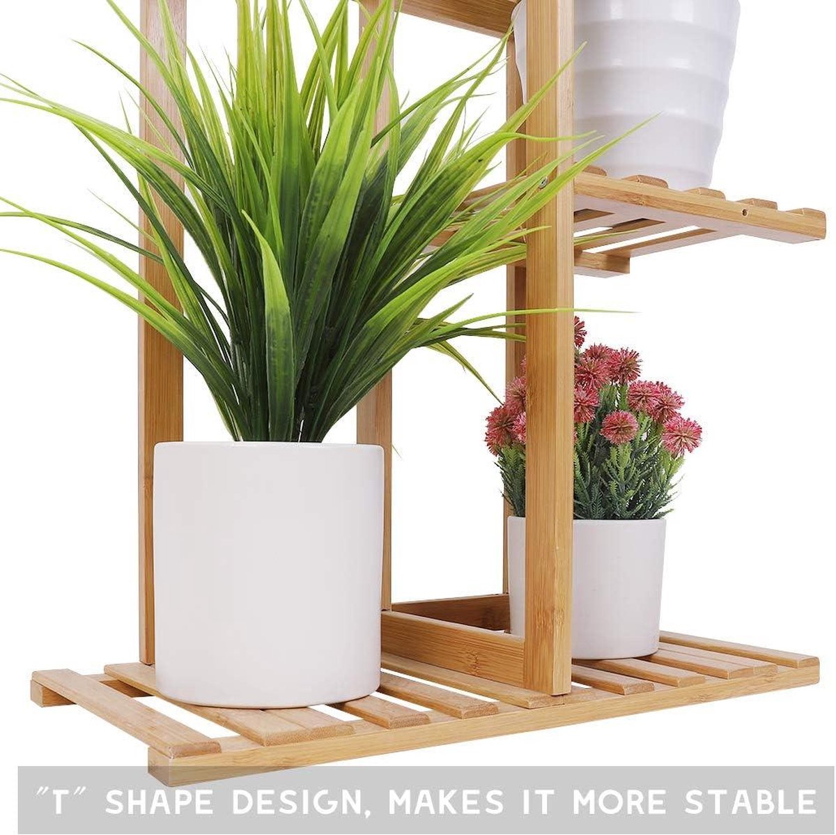 Bamboo Plant Ladder 6 Pot Plants Pot Holder Stand High 5 Tiers - Indoor Outdoor Storage Display Rack - Waterproof Flower Stand with Stand for Bonsai Patio Garden Plant Ladder