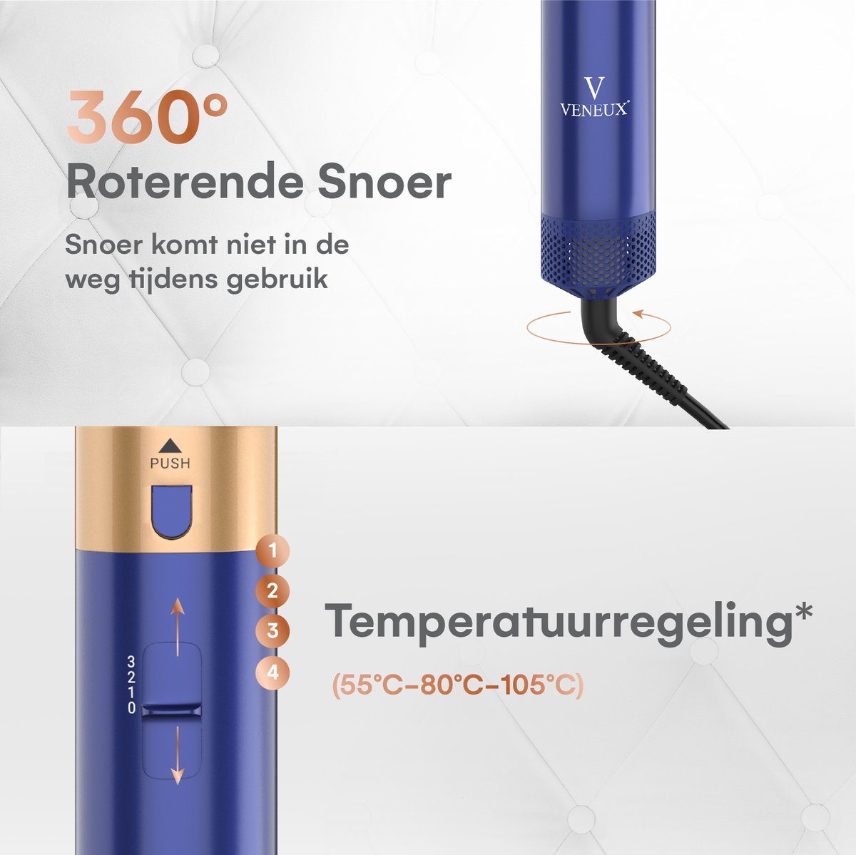 VENEUX® Föhnborstel - Airstyler - Krulborstel - Krultangen - 5-in-1 Multistyler – Blauw Met Goud