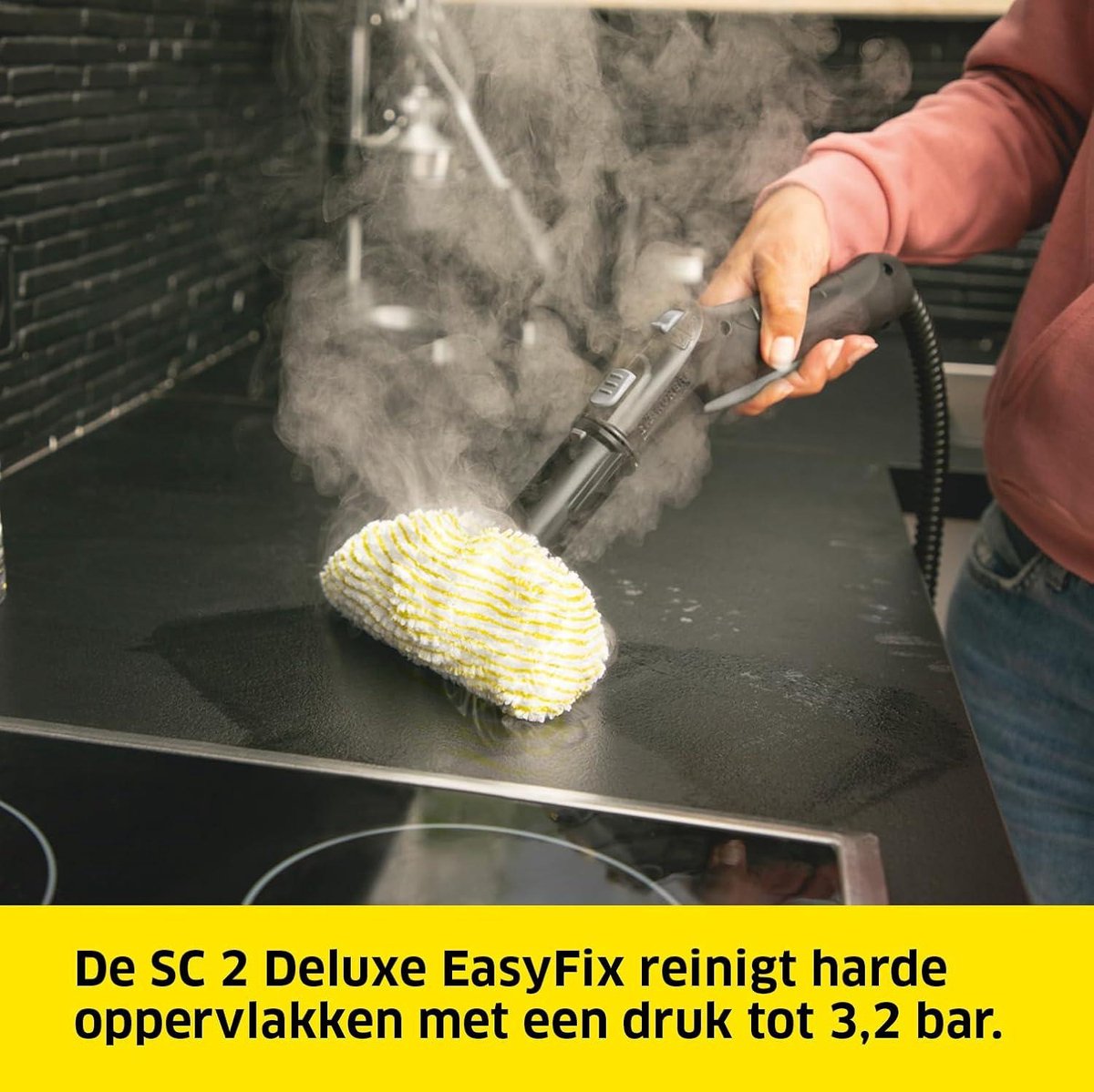 Stoomreiniger SC 2 Deluxe oppervlakte- ca. 75m² reservoir- 1 l stoomdruk- max 3,2 bar opwarmtijd- 6,5 min verwarmingsvermogen- 1.500 W met EasyFix vloerreinigingsset en 3 sproeikoppen Stoomreiniger