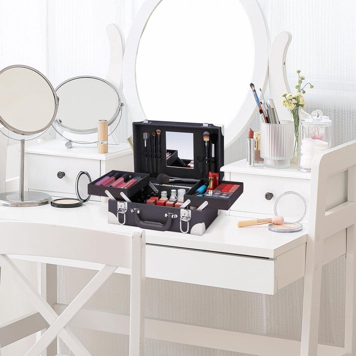 Make-upkoffer - Nagellak-schminkkoffer met spiegel - HBD 125 x 31 x 23 cm - Slot zwart/wit Nagellakkoffer