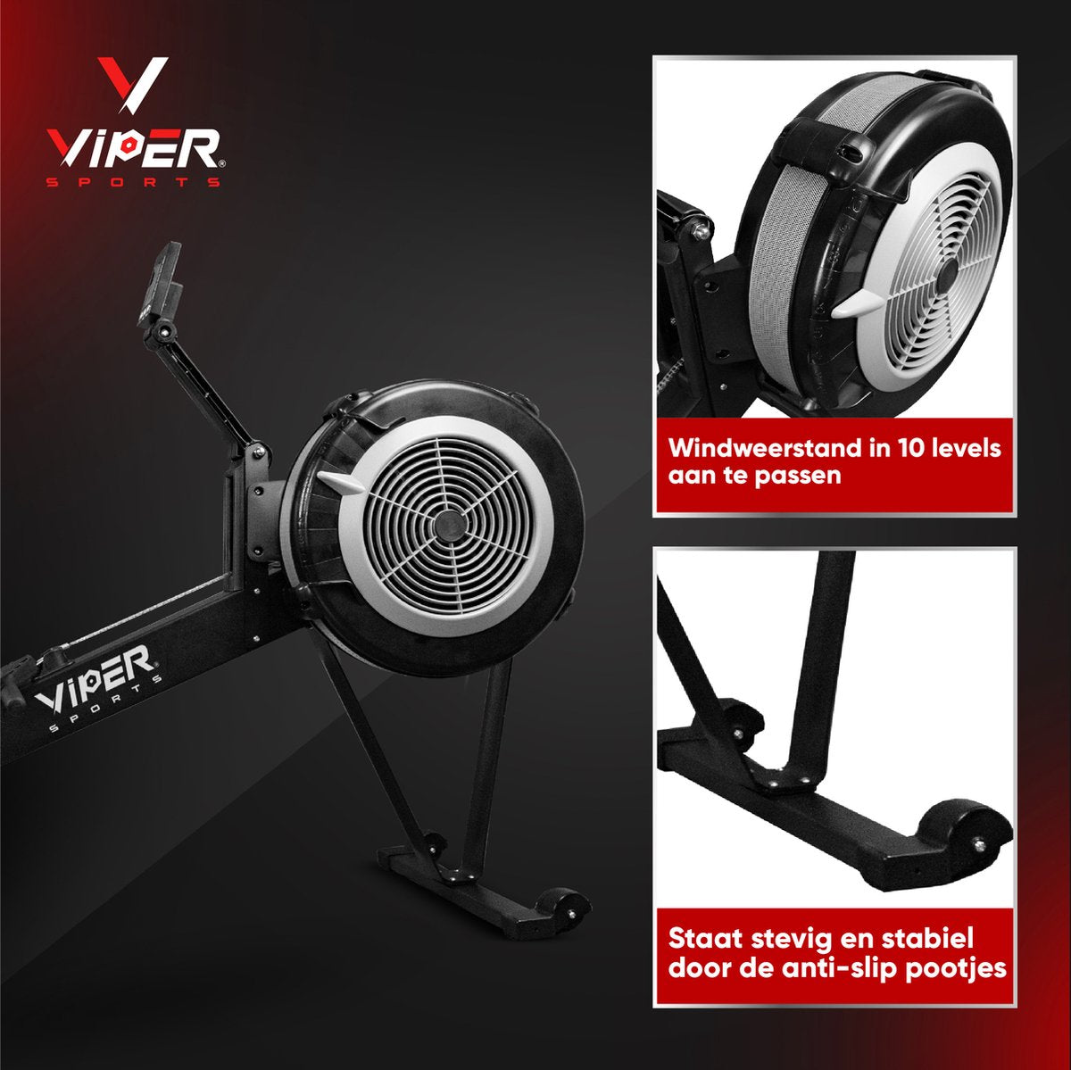 Viper Sports ViperRow – Roeitrainer – 238 x 65 x 112 cm – Roeimachine – Windweerstand - Opvouwbaar - 10 Niveaus - Zwart/Zilver