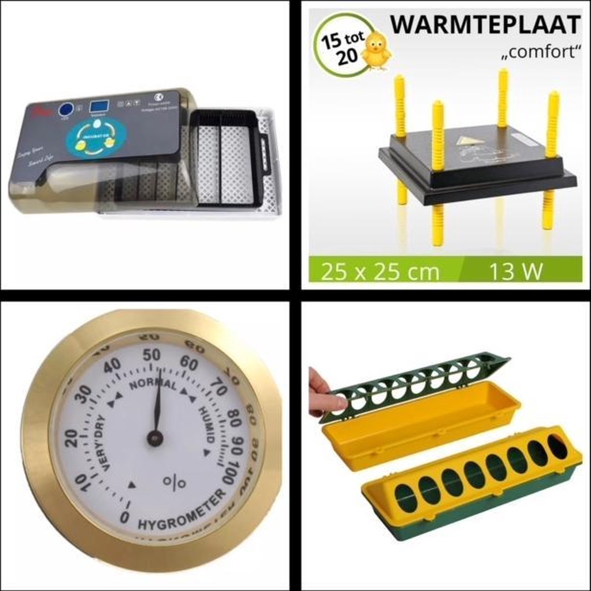 Complete hatching package - 12-egg incubator - including chick starter kit - feeder - hygrometer - Comfort heat plate 25 x 25 cm - chick feed 500 gr