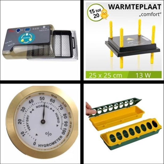 Complete hatching package - 12-egg incubator - including chick starter kit - feeder - hygrometer - Comfort heat plate 25 x 25 cm - chick feed 500 gr