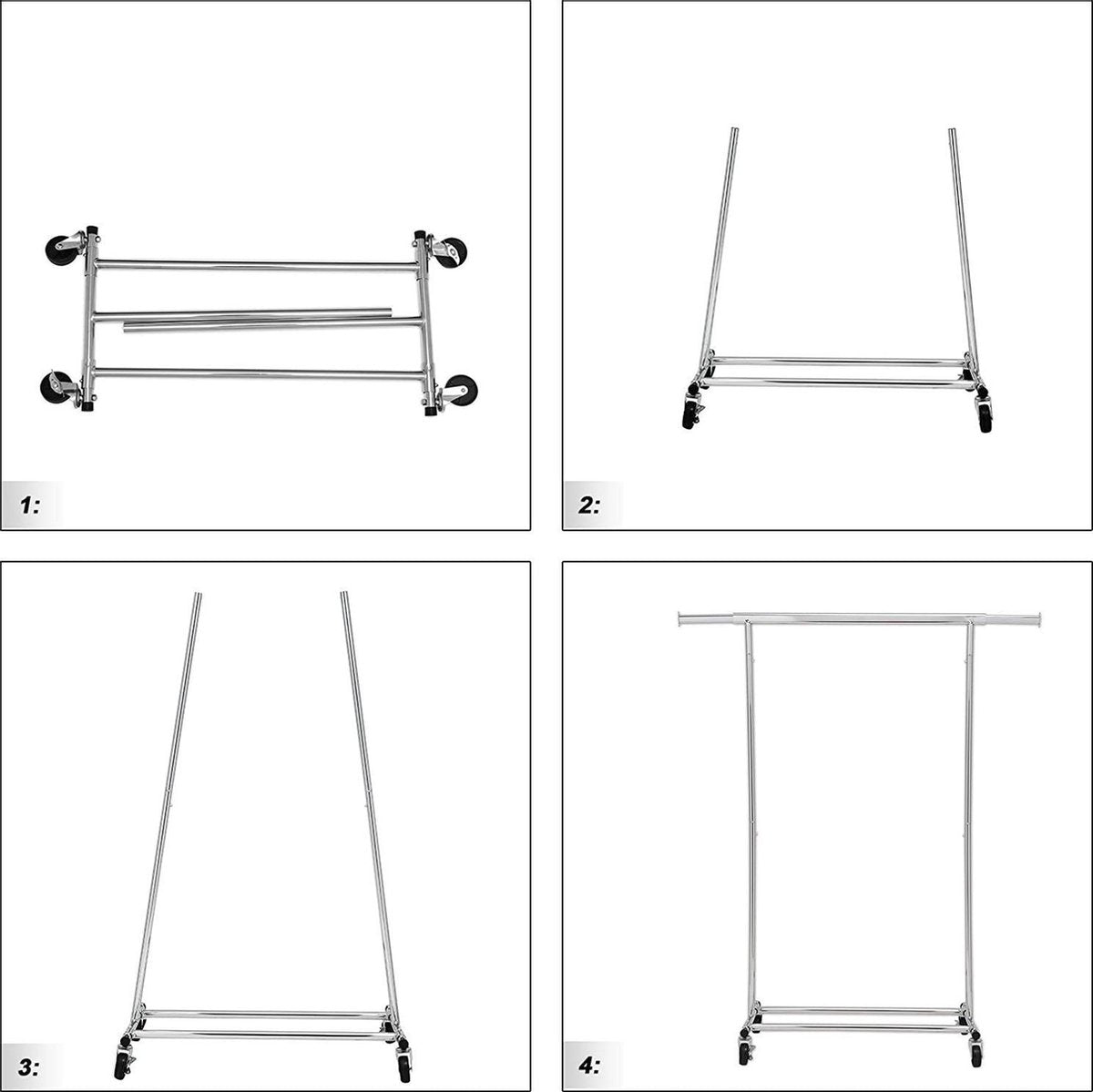 Heavy duty metalen kledingrek, tot 90 kg max. belasting, kledingrek met wielen, inklapbaar, lengte 92-132 cm, verchroomd, industrieel