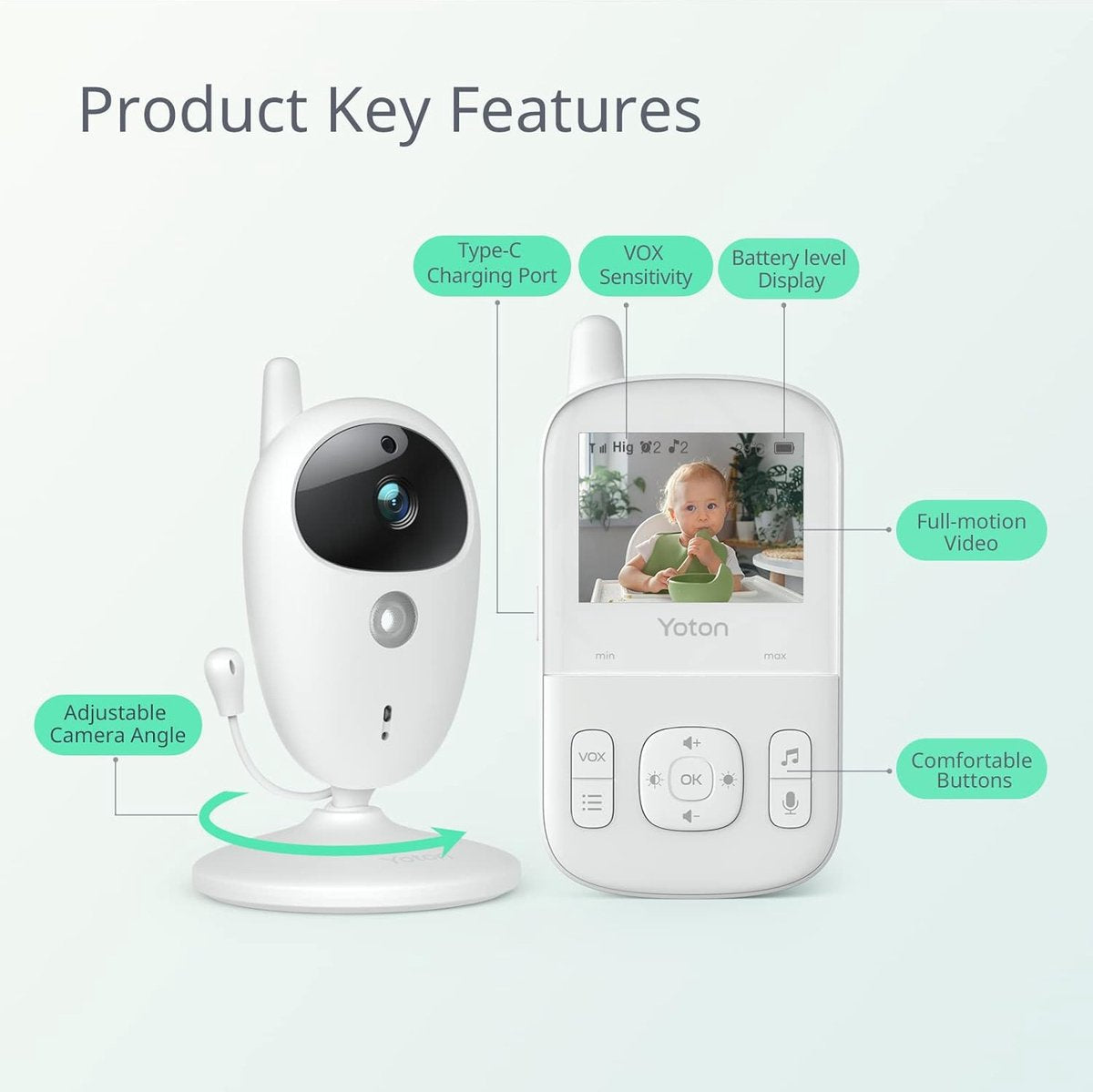 Babyfoon camera met 2,7 inch LCD scherm, nachtzicht en temperatuurbewaking - Tweeweggesprek en USB-C oplaadkabel inbegrepen