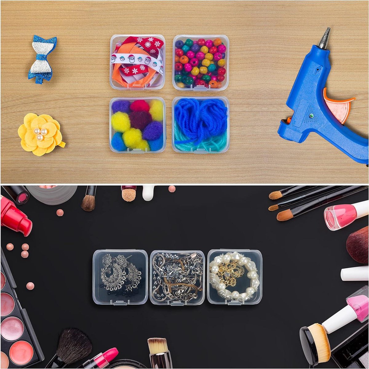 Kleine Doorzichtige Plastic Opbergdoosjes met Scharnierend Deksel - Set van 24 - L62 x B62 x H4 cm - Mini Vierkante Doosjes voor Pillen, Kralen, Sieraden & Knutselspullen. doorzichtig doosje