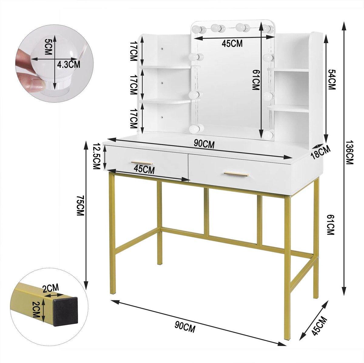 Make Up Tafel - Kaptafel Met Spiegel - Kaptafel met spiegel en verlichting - Slaapkamer Luxe - Wit/Goud