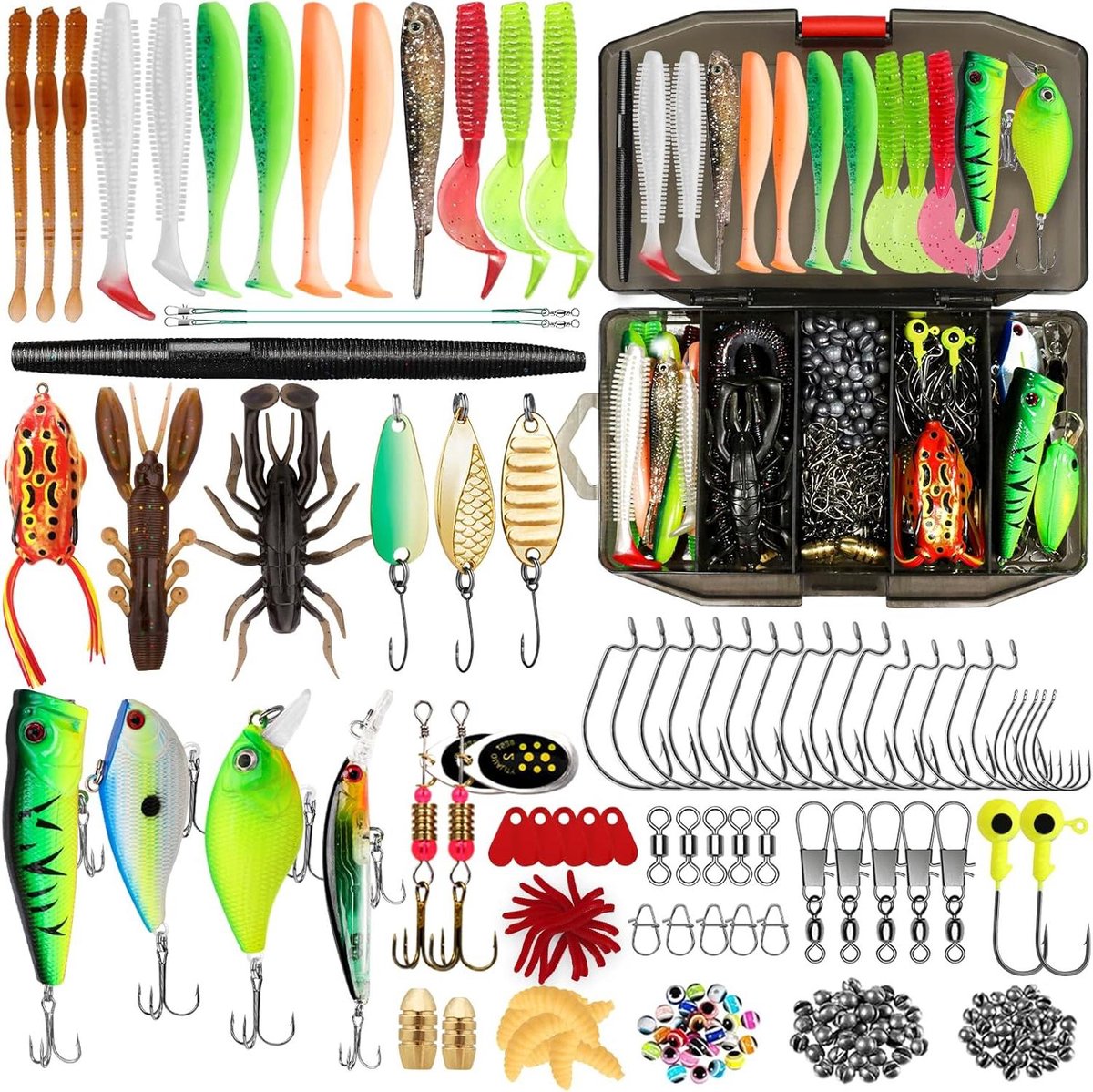 Vis Lokken Set met Tackle Box voor Snoek Baars Forel Makreel Kabeljauw Zee - Vis Accessoires Kit - Zachte Plastic Lokken Wormen Spinnerbaits - Crankbaits Jigs Hoofd Haken Visgerei -