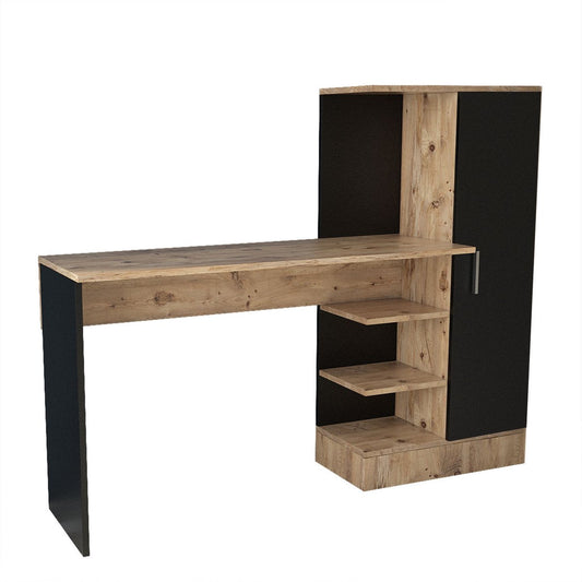Stylish Desk with Cabinet - Black & Oak Design - 152.3x120x40cm - Durable Melamine Material