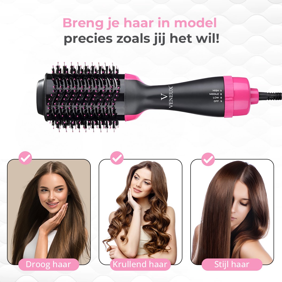 Veneux® 3-in-1 Föhnborstel - Krulborstel - Föhn - Haardroger - 3 Standen