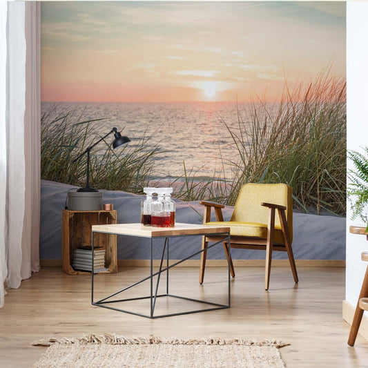 Fotobehang - Vliesbehang - Zonsondergang boven Zee - Strand - Duinen - 368 x 254 cm