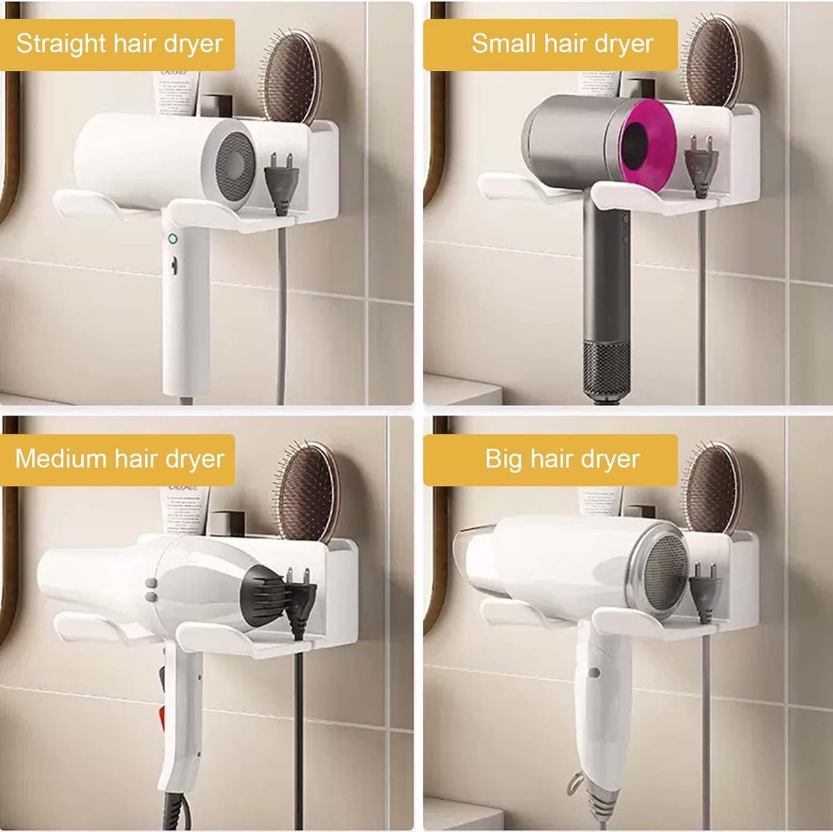 Hairdryer holder, no-drill wall mount, 304 stainless steel hairdryer wall mount, hairdryer holder with compartments, storage and cable holder, hairdryer stand for most hairdryers