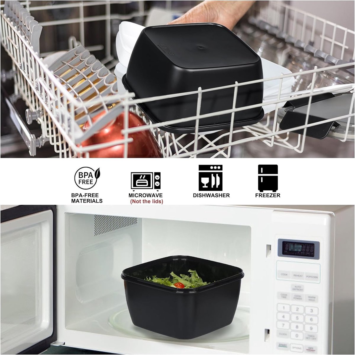 To Go Salad Container Lunchcontainer, BPA-vrij, 3-vaks voor salade toppings en snacks, slakom met dressing container, ingebouwde herbruikbare lepel, magnetron bestendig (zwart)