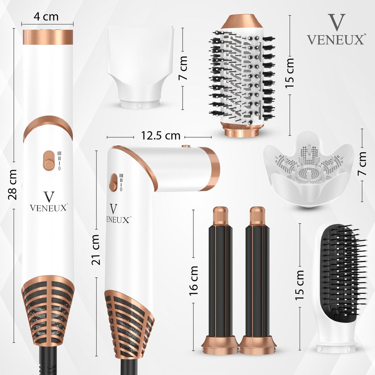 VENEUX® 6-1 Föhnborstel - Airstyler - Krulborstel - Wit / Goud - Krultang