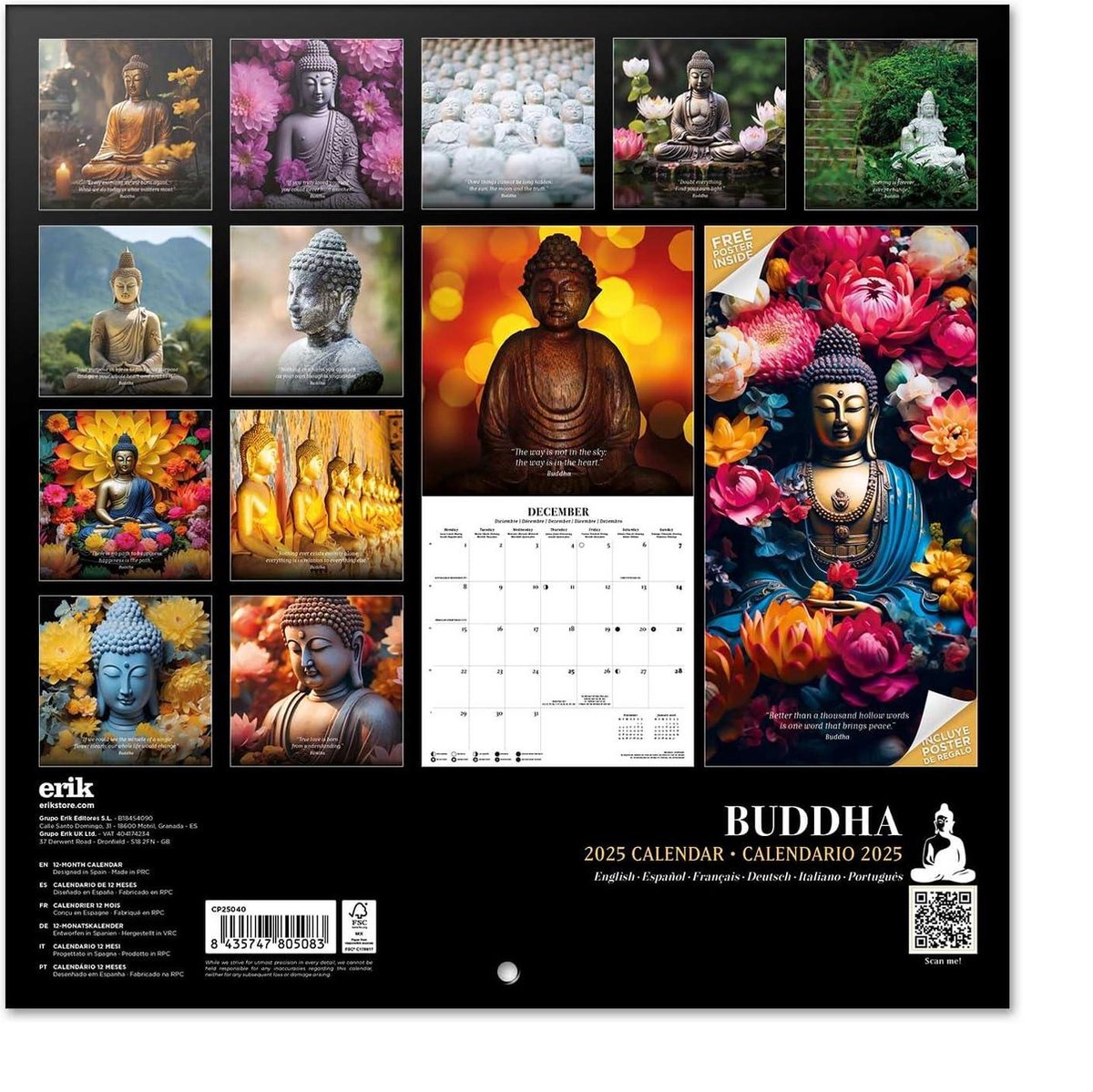 Boeddha Kalender 2025 - Brochurekalender 30x30 cm - FSC-gecertificeerde wandkalender - 12 maanden + poster kalender 2025 maandkalender