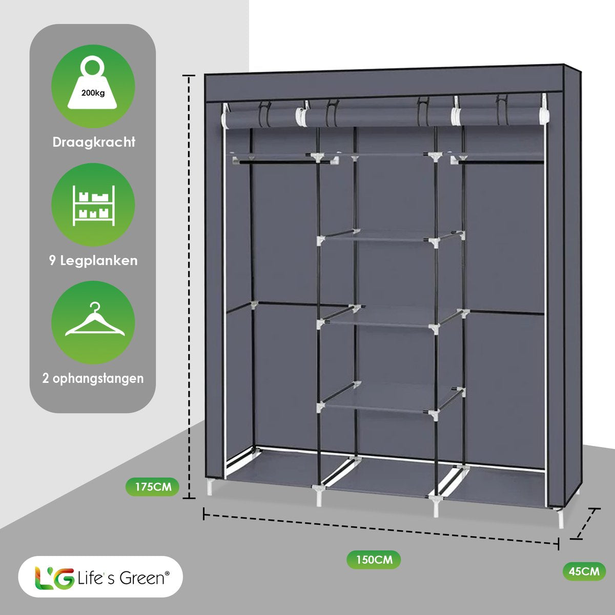 Life's Green® XXL Opvouwbare Kledingkast - Campingkast - Opvouwbare - Opbergkast - Stoffen - Grijs