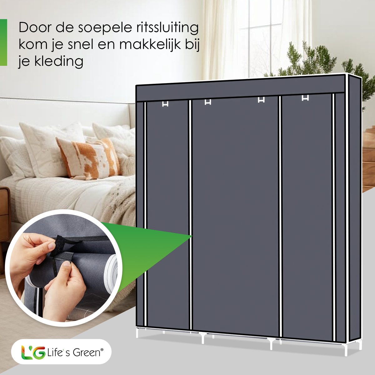 Life's Green® XXL Opvouwbare Kledingkast - Campingkast - Opvouwbare - Opbergkast - Stoffen - Grijs
