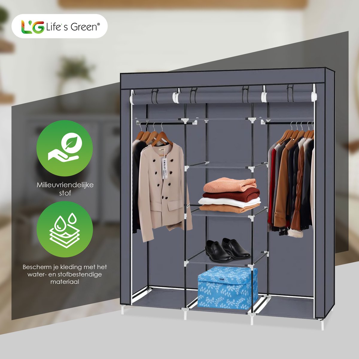 Life's Green® XXL Opvouwbare Kledingkast - Campingkast - Opvouwbare - Opbergkast - Stoffen - Grijs