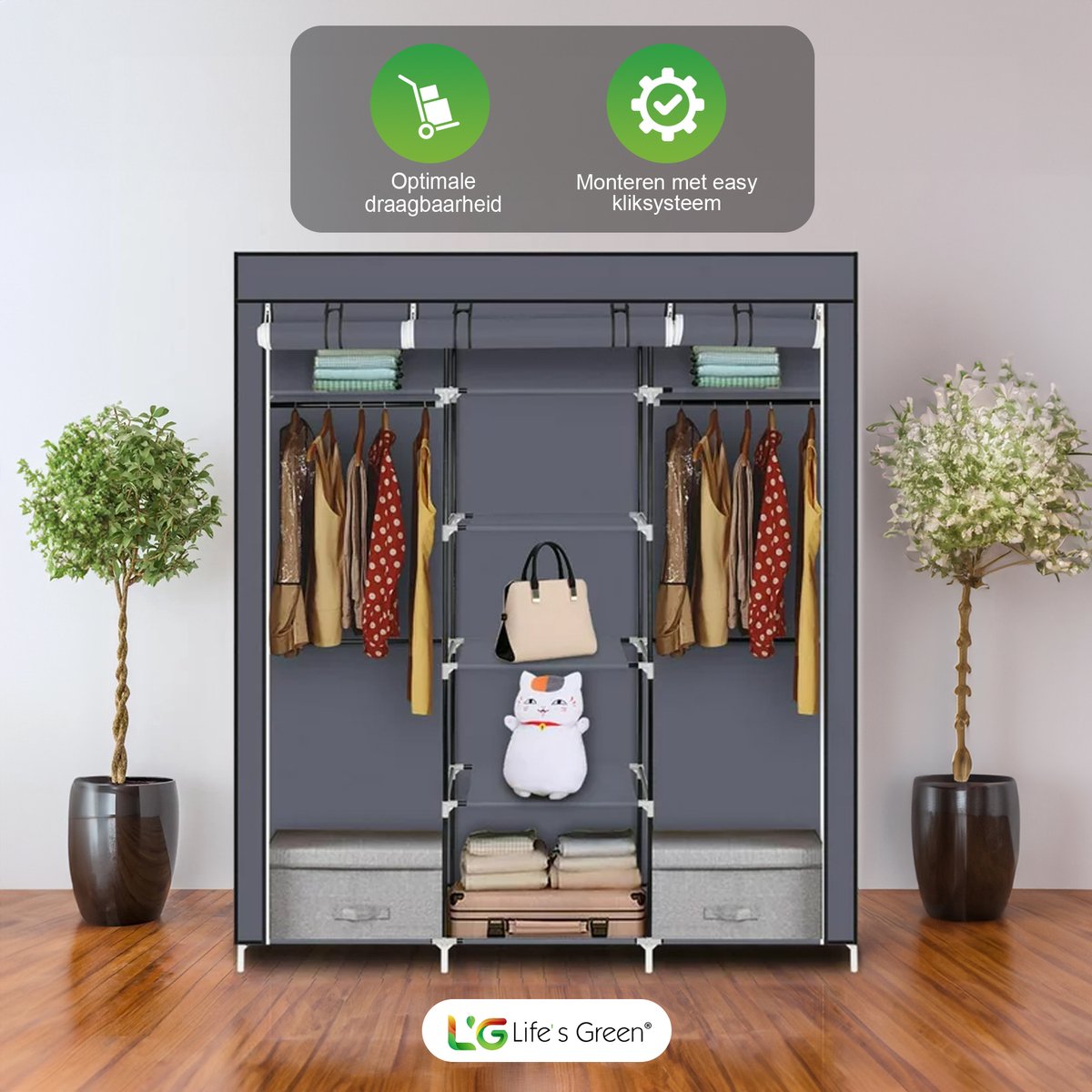 Life's Green® XXL Opvouwbare Kledingkast - Campingkast - Opvouwbare - Opbergkast - Stoffen - Grijs