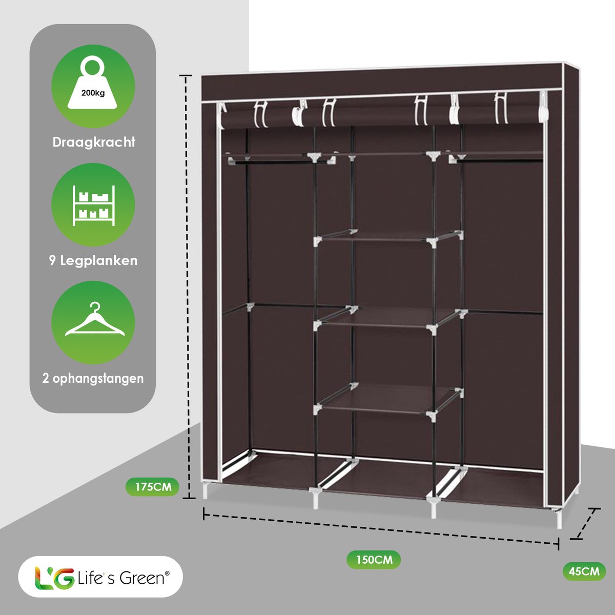 Life's Green® XXL Opvouwbare Kledingkast - Campingkast - Opvouwbare Kast - Opbergkast - Stoffen Kast - Bruin