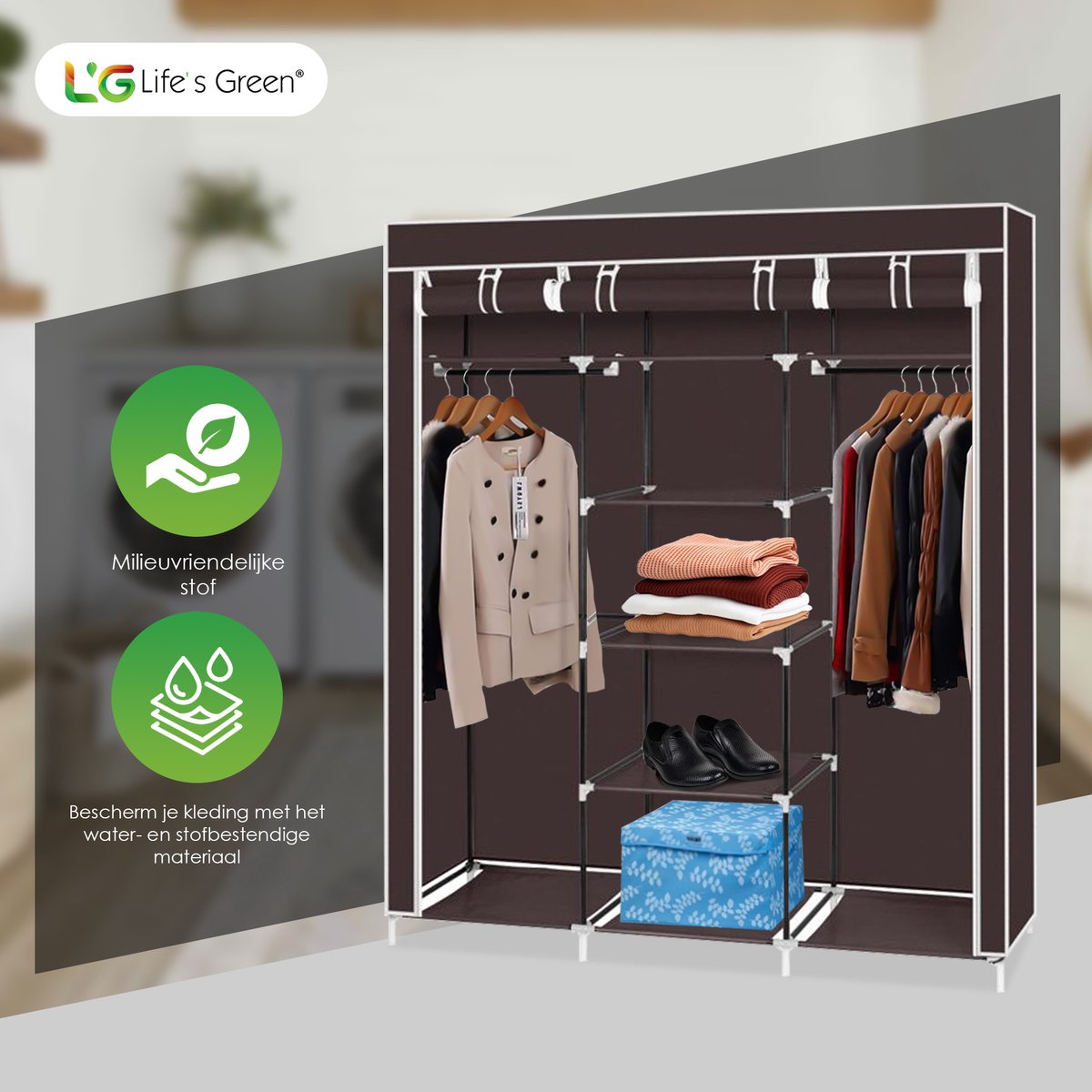Life's Green® XXL Opvouwbare Kledingkast - Campingkast - Opvouwbare Kast - Opbergkast - Stoffen Kast - Bruin