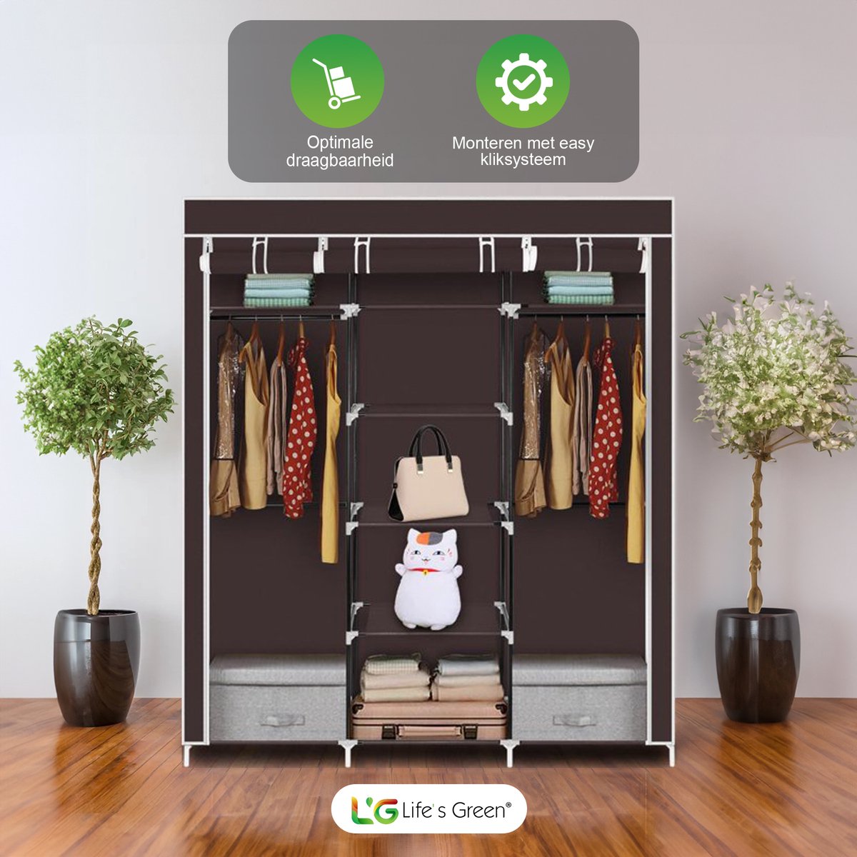 Life's Green® XXL Opvouwbare Kledingkast - Campingkast - Opvouwbare Kast - Opbergkast - Stoffen Kast - Bruin