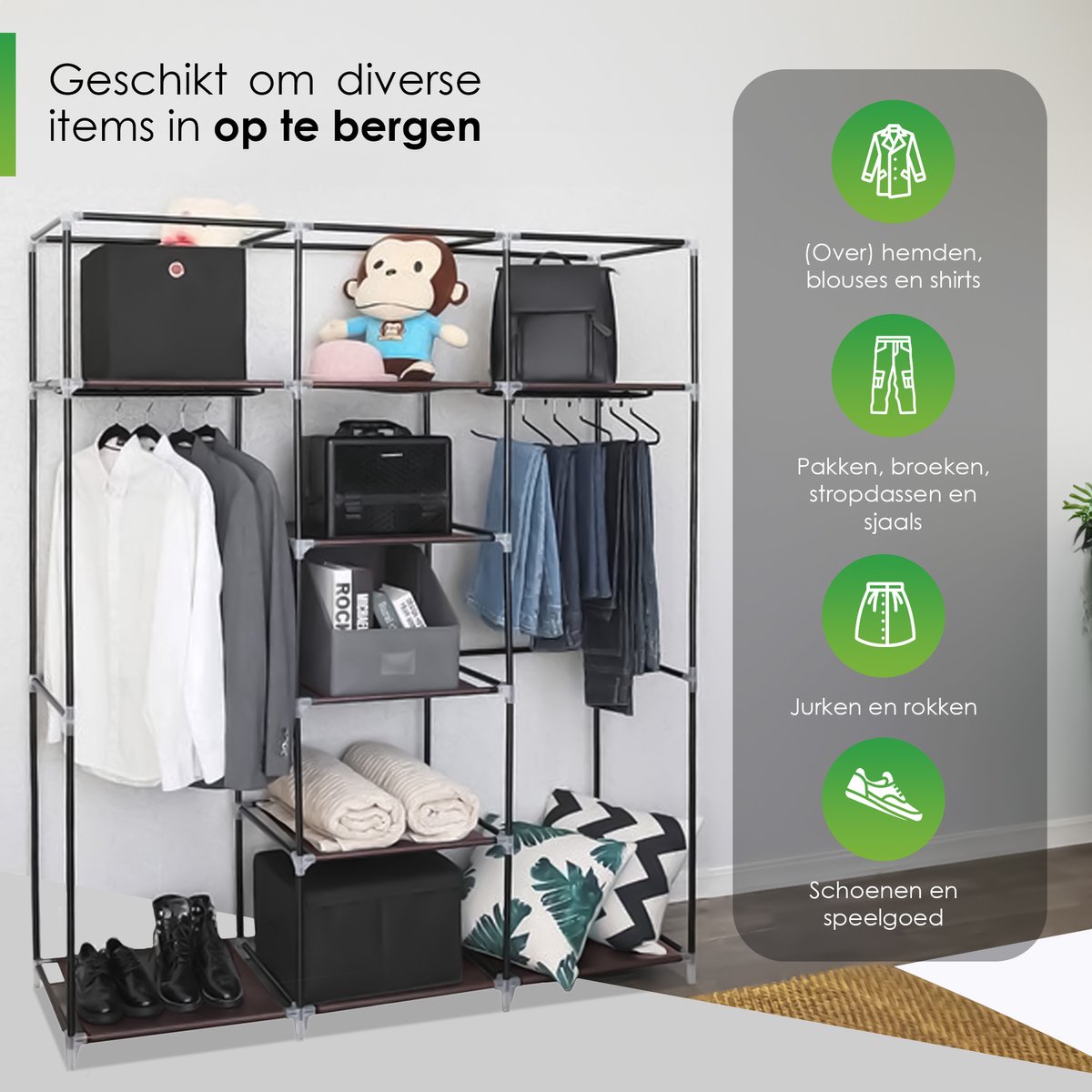 Life's Green® XXL Opvouwbare Kledingkast - Campingkast - Opvouwbare Kast - Opbergkast - Stoffen Kast - Bruin
