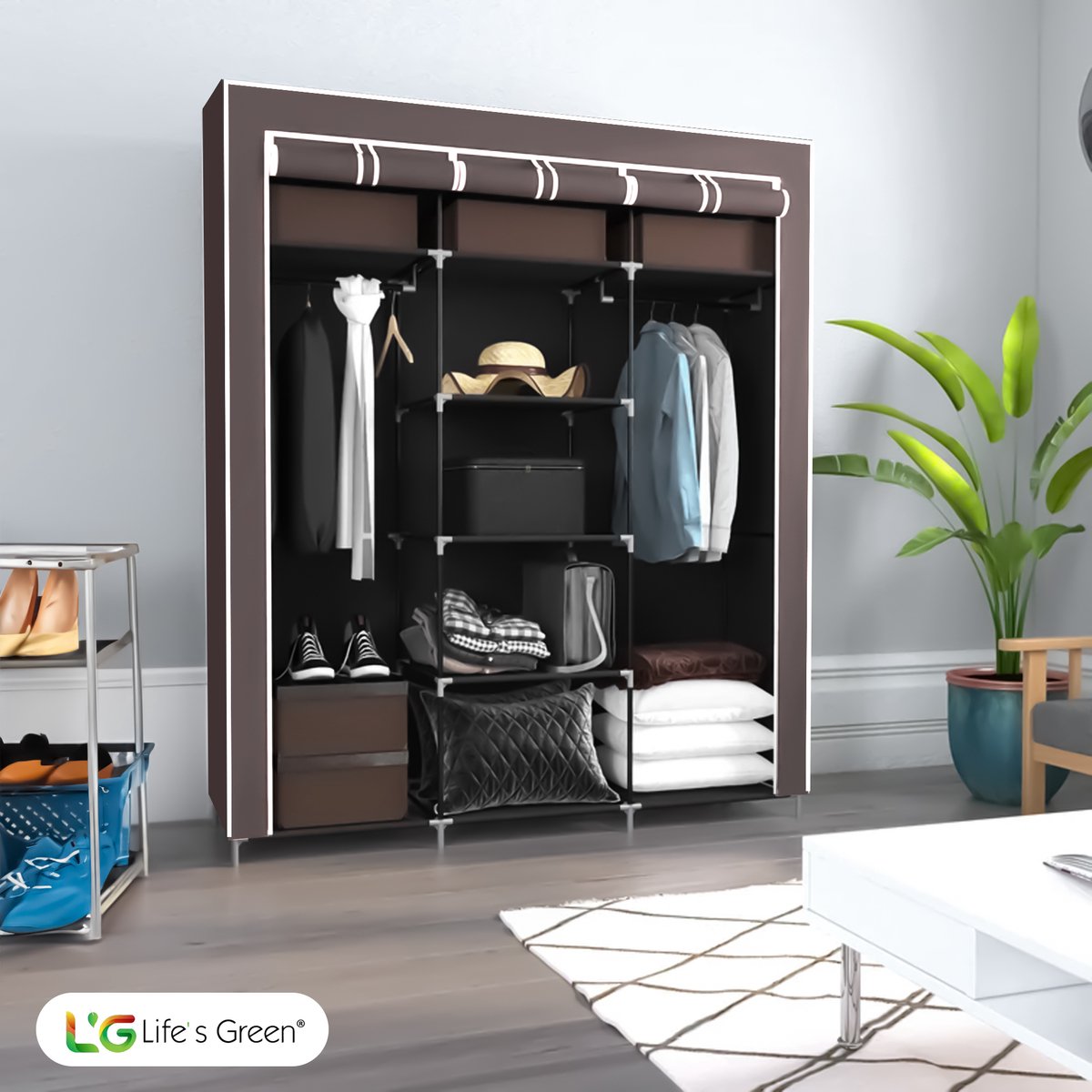 Life's Green® XXL Opvouwbare Kledingkast - Campingkast - Opvouwbare Kast - Opbergkast - Stoffen Kast - Bruin