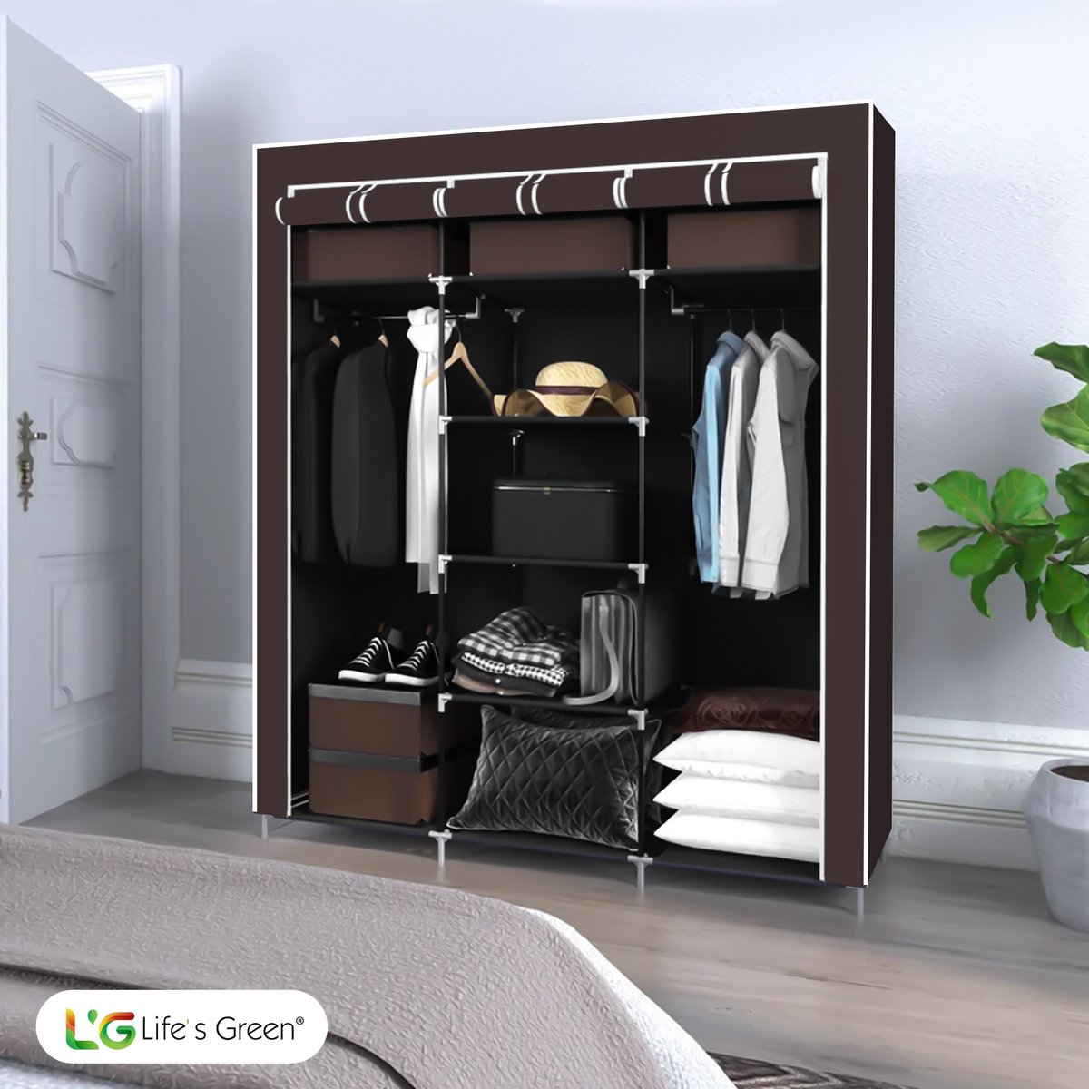 Life's Green® XXL Opvouwbare Kledingkast - Campingkast - Opvouwbare Kast - Opbergkast - Stoffen Kast - Bruin