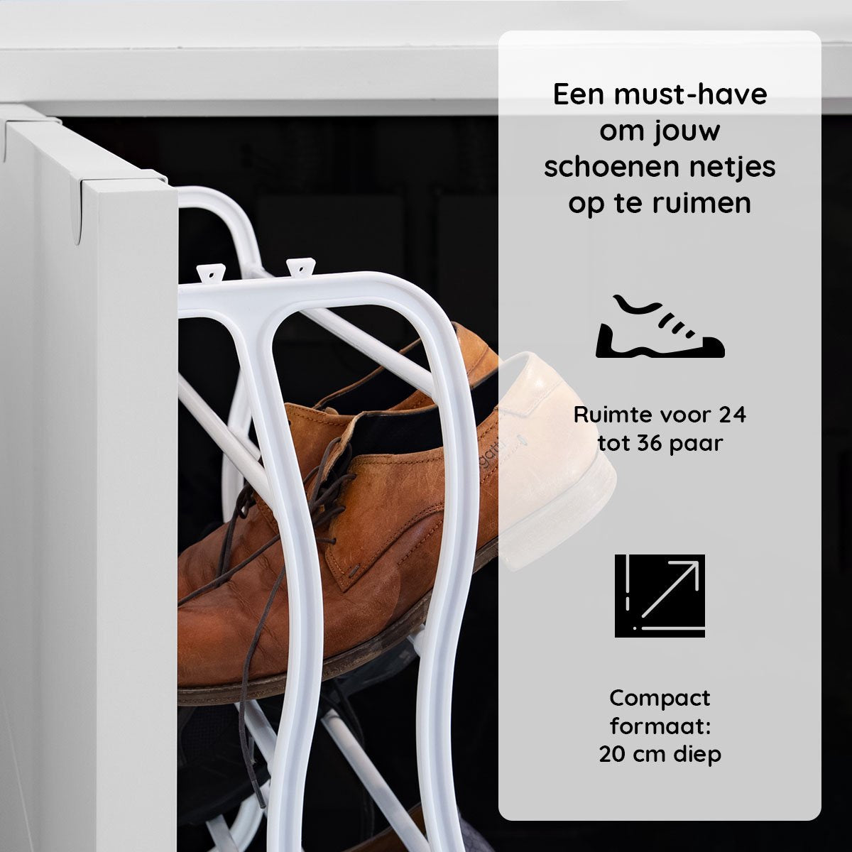 LG Life's Green Schoenrek Hangend – 180x50x20cm - Schoenrek – Geschikt Voor Stompe en Opdekdeuren – Schoenrek voor 24 tot 36 Paar Schoenen – Deurhanger – Ruimtebesparende Schoenbank – Schoenopberger – Kunststof/Metaal – Wit