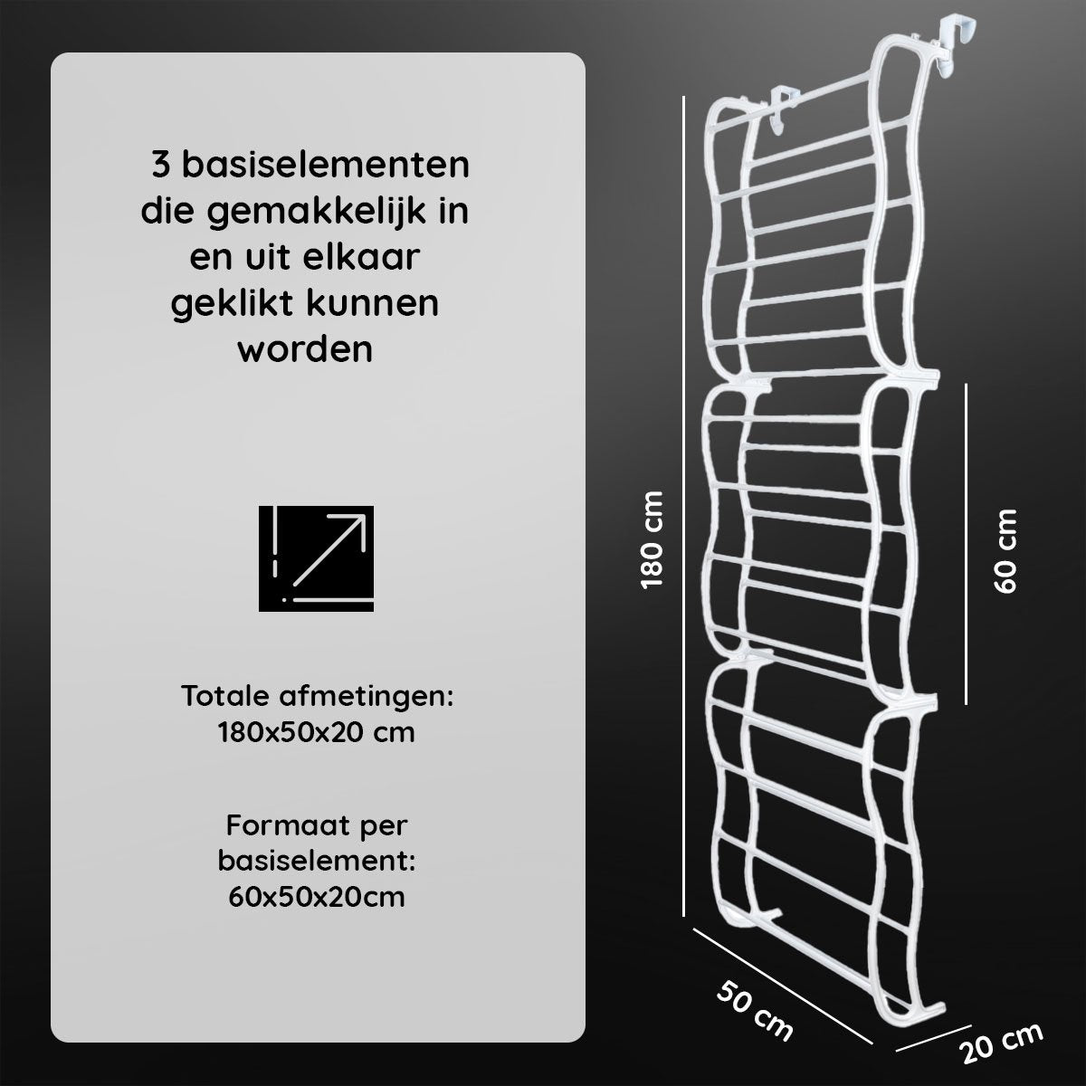 LG Life's Green Schoenrek Hangend – 180x50x20cm - Schoenrek – Geschikt Voor Stompe en Opdekdeuren – Schoenrek voor 24 tot 36 Paar Schoenen – Deurhanger – Ruimtebesparende Schoenbank – Schoenopberger – Kunststof/Metaal – Wit