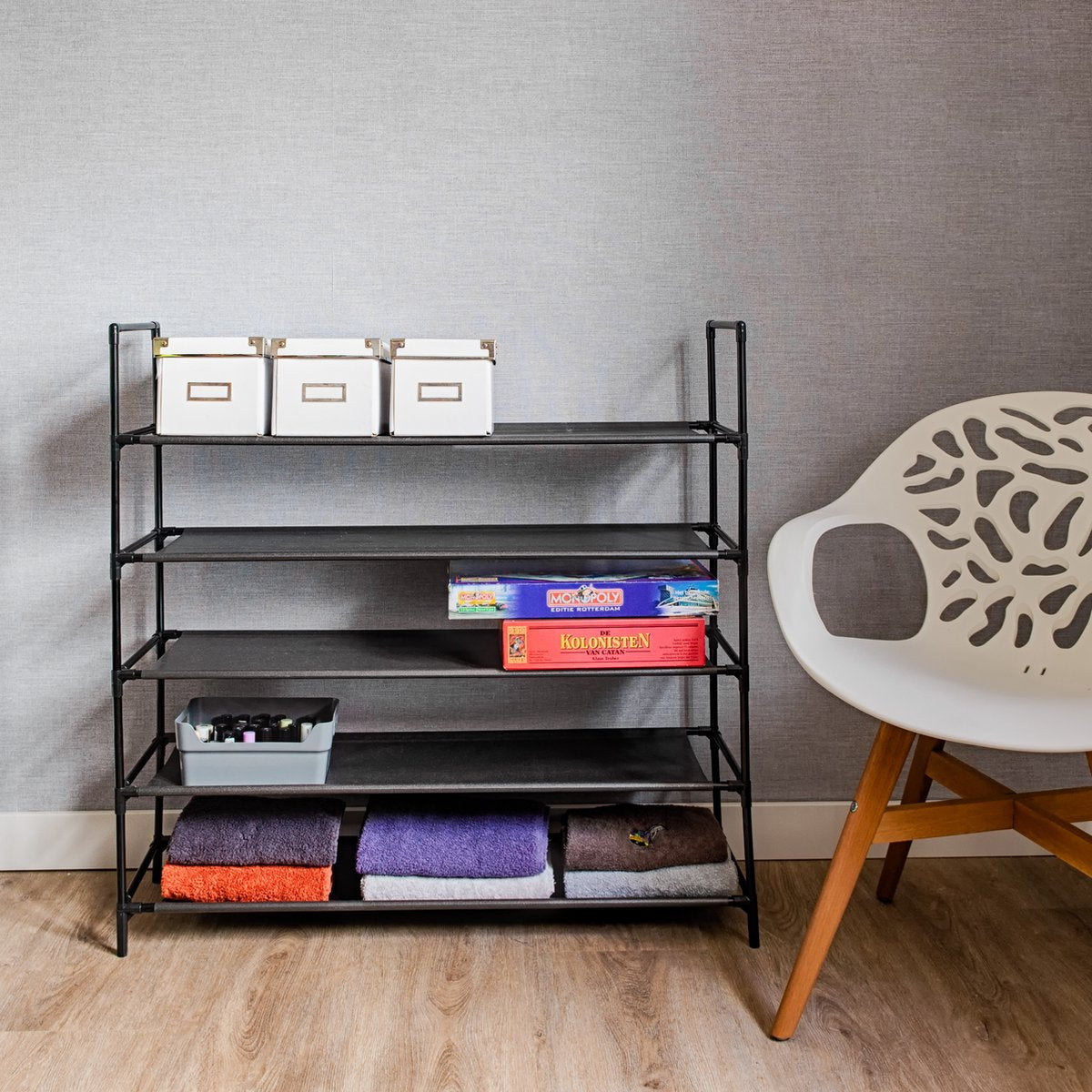 Life's Green Portable 5-Tier Shoe Rack – D27.5 x W99 x H94 cm – for 20 pairs of shoes – steel frame with sturdy Fabric Shelves – Towel Rack - Space-Saving Shoe Organizer - Black
