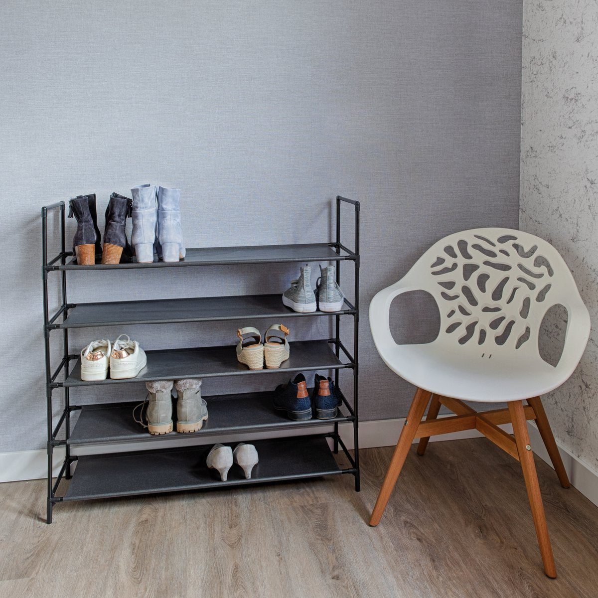 Life's Green Portable 5-Tier Shoe Rack – D27.5 x W99 x H94 cm – for 20 pairs of shoes – steel frame with sturdy Fabric Shelves – Towel Rack - Space-Saving Shoe Organizer - Black