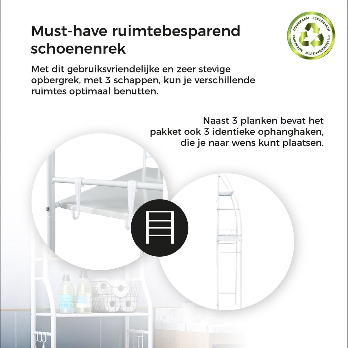 LG Life's Green toiletkast - Ruimtebesparend toilet opbergrek - 152,2 x 24,5 x 64,5 cm - Toiletrek met 3 planken - Stabiele wasmachine ombouw - Wit