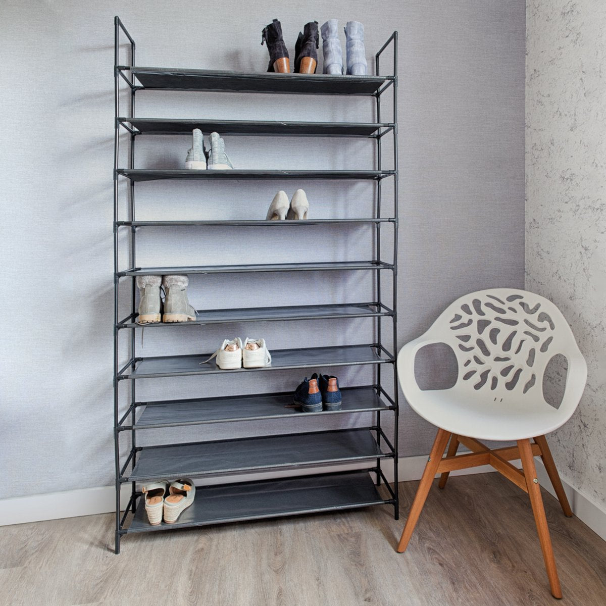LG Life's Green - Schoenrek - D27,5 x B99 x H180 cm – Verplaatsbare schoenenkast - Stoffen multifunctionele kast – 10 niveaus – 50 paar schoenen – Stevig stalen frame met stevige stoffen planken – Ruimtebesparend – Zwart