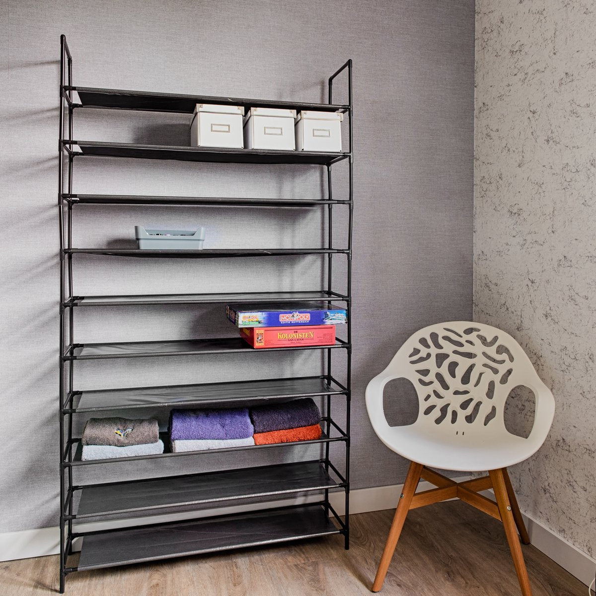 LG Life's Green - Schoenrek - D27,5 x B99 x H180 cm – Verplaatsbare schoenenkast - Stoffen multifunctionele kast – 10 niveaus – 50 paar schoenen – Stevig stalen frame met stevige stoffen planken – Ruimtebesparend – Zwart
