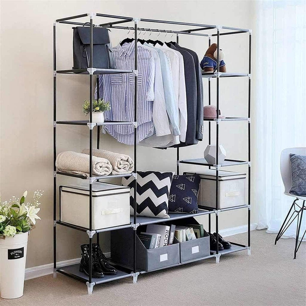 LG Life’s Green Vouwbare Kledingkast – 143x44x169CM – Kledingrek met 12 Legplanken en Ophangroede – Stoffen Kledingkast – 225KG Draagvermogen – Bruin
