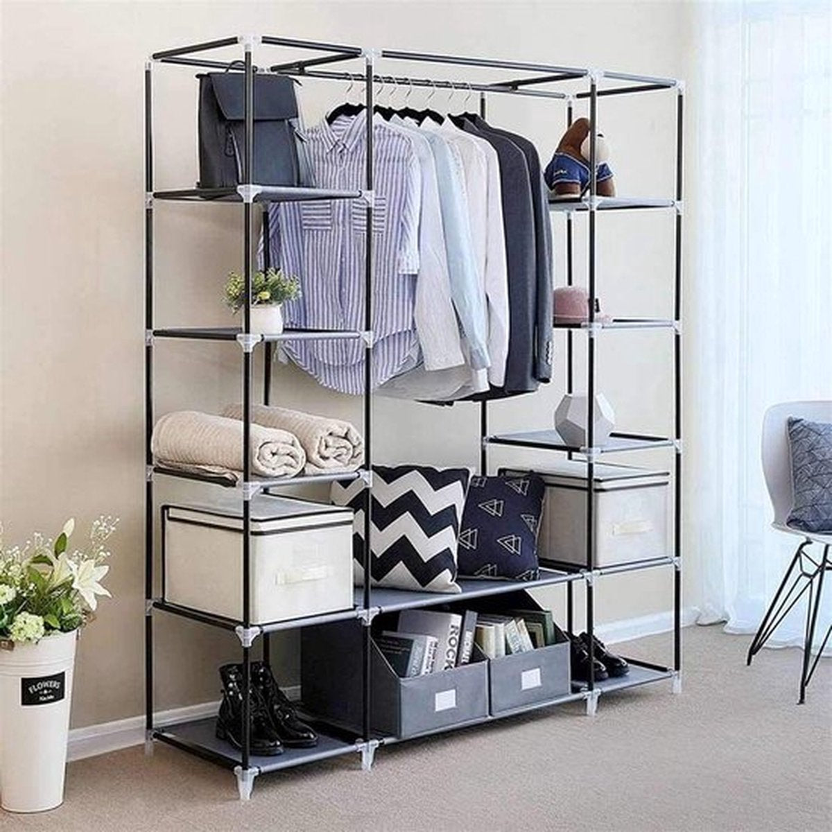 LG Life’s Green Folding Wardrobe – 143x44x169CM – Clothes Rack with 12 Shelves and Hanging Rail – Fabric Wardrobe – 225KG Load Capacity – Grey