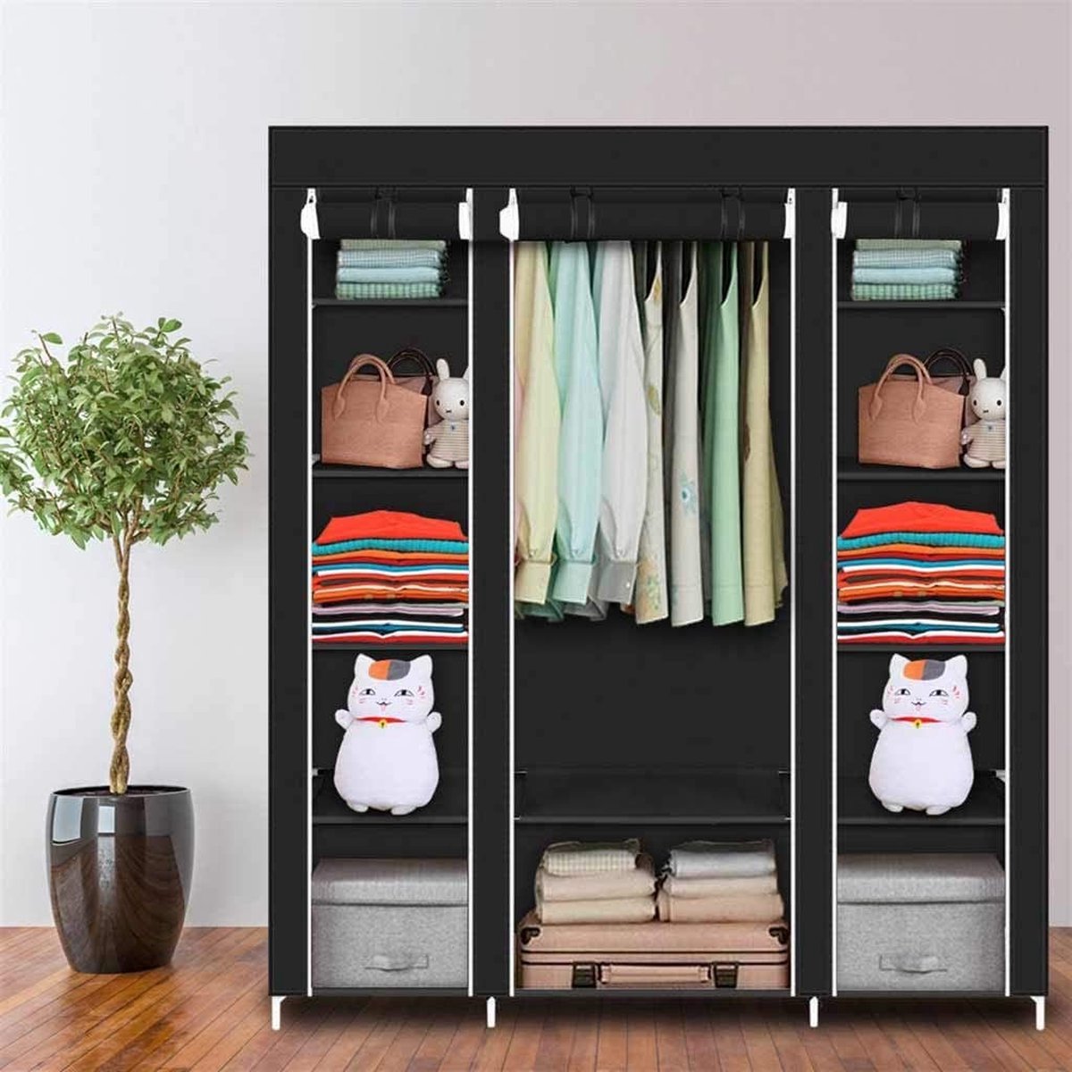 LG Life's Green Folding Wardrobe – 143x44x169CM – Clothes Rack with 12 Shelves and Hanging Rail – Fabric Wardrobe – 225KG Load Capacity – Black