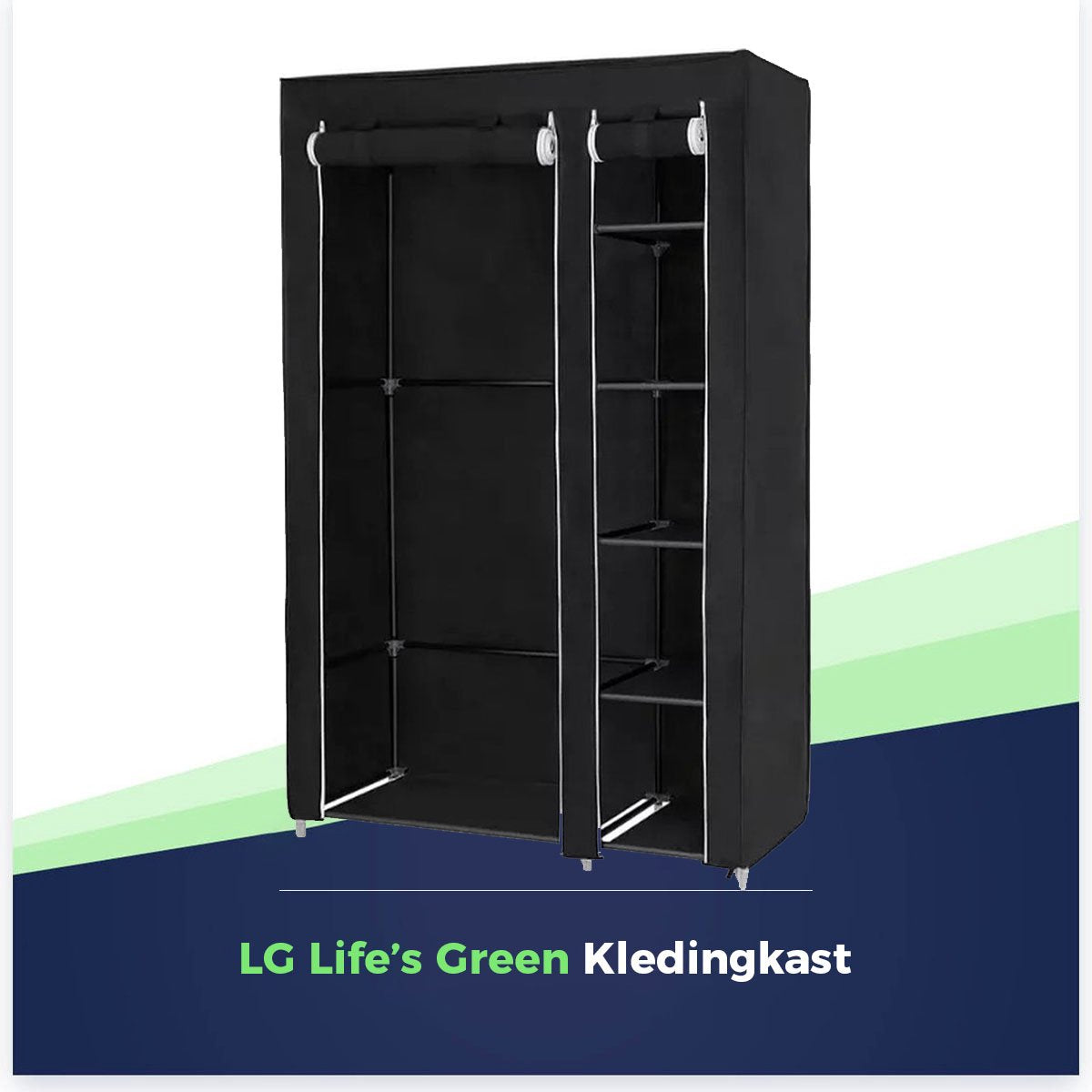 LG Life's Green Opvouwbare Kleerkast – 110x45x175CM – Kledingrek met 5 Legplanken en Ophangstang – Stoffen Kledingkast – 140KG Draagvermogen – Zwart