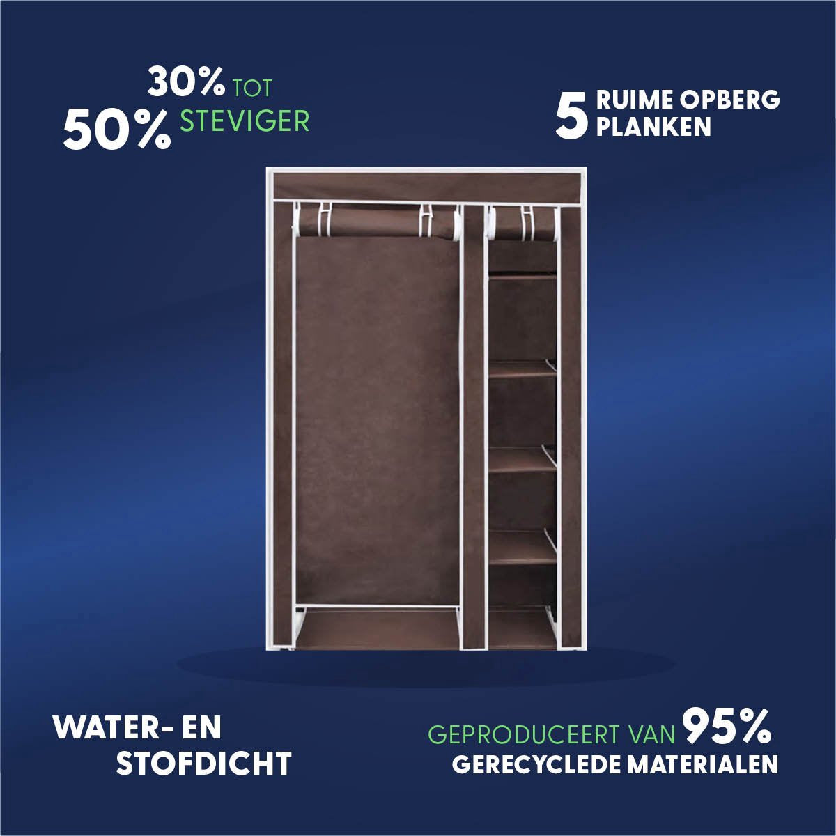 LG Life's Green Opvouwbare Kledingkast – 110x45x175CM – Kledingrek met 5 Legplanken en Ophangstang – Stoffen kledingkast – 140KG Draagvermogen – Bruin