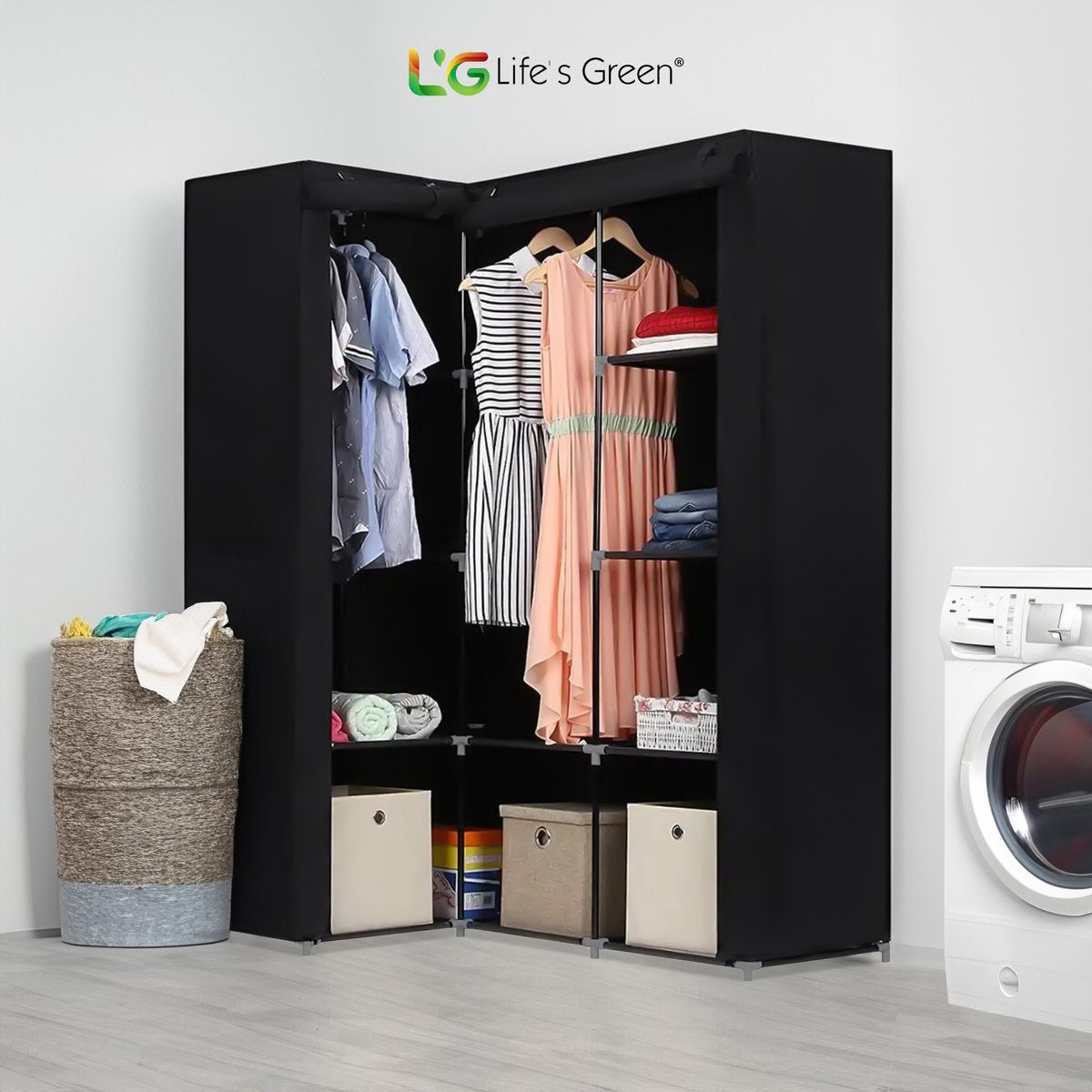LG Life's Green Opvouwbare Kledingkast – 126x40x170CM – Kledingrek met 9 Legplanken – Stoffen Kledingkast – Hoekkast – 90KG Draagvermogen – Zwart