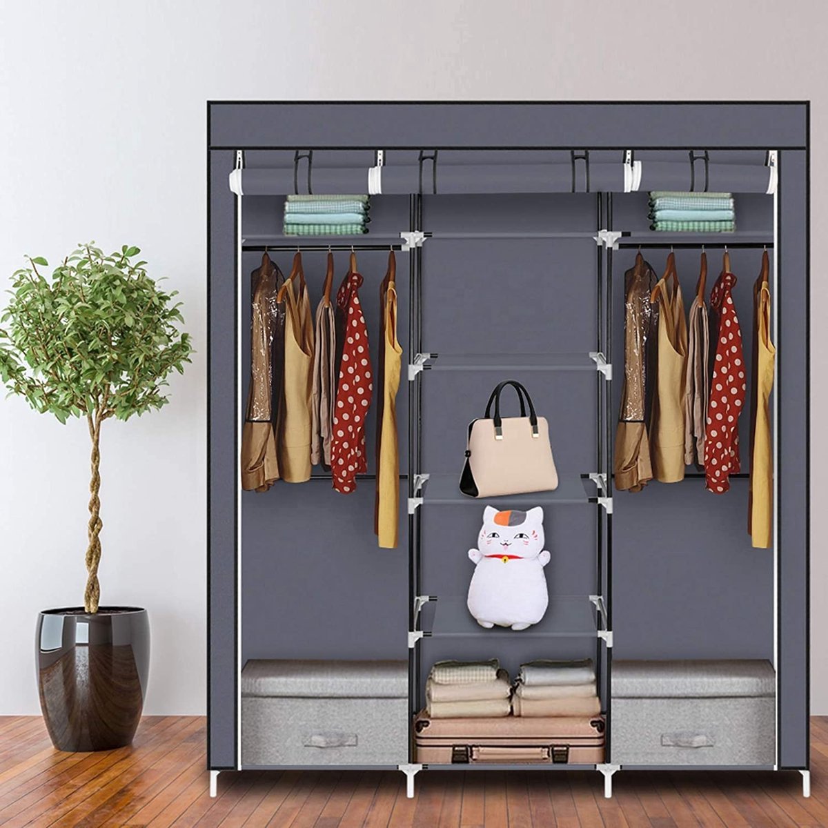 LG Life's Green Opvouwbare Kleerkast – 150x45x175CM – Kledingrek met 9 opslag planken en 2 ophangstangen – Stoffen Kledingkast – 200KG Draagvermogen – Grijs