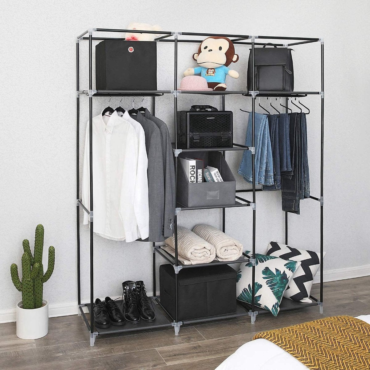 LG Life's Green Opvouwbare Kledingkast – 150x45x175CM – Kledingrek met 9 opslagplanken en 2 ophangstangen – Stoffen Kledingkast – 200KG Draagvermogen – Zwart