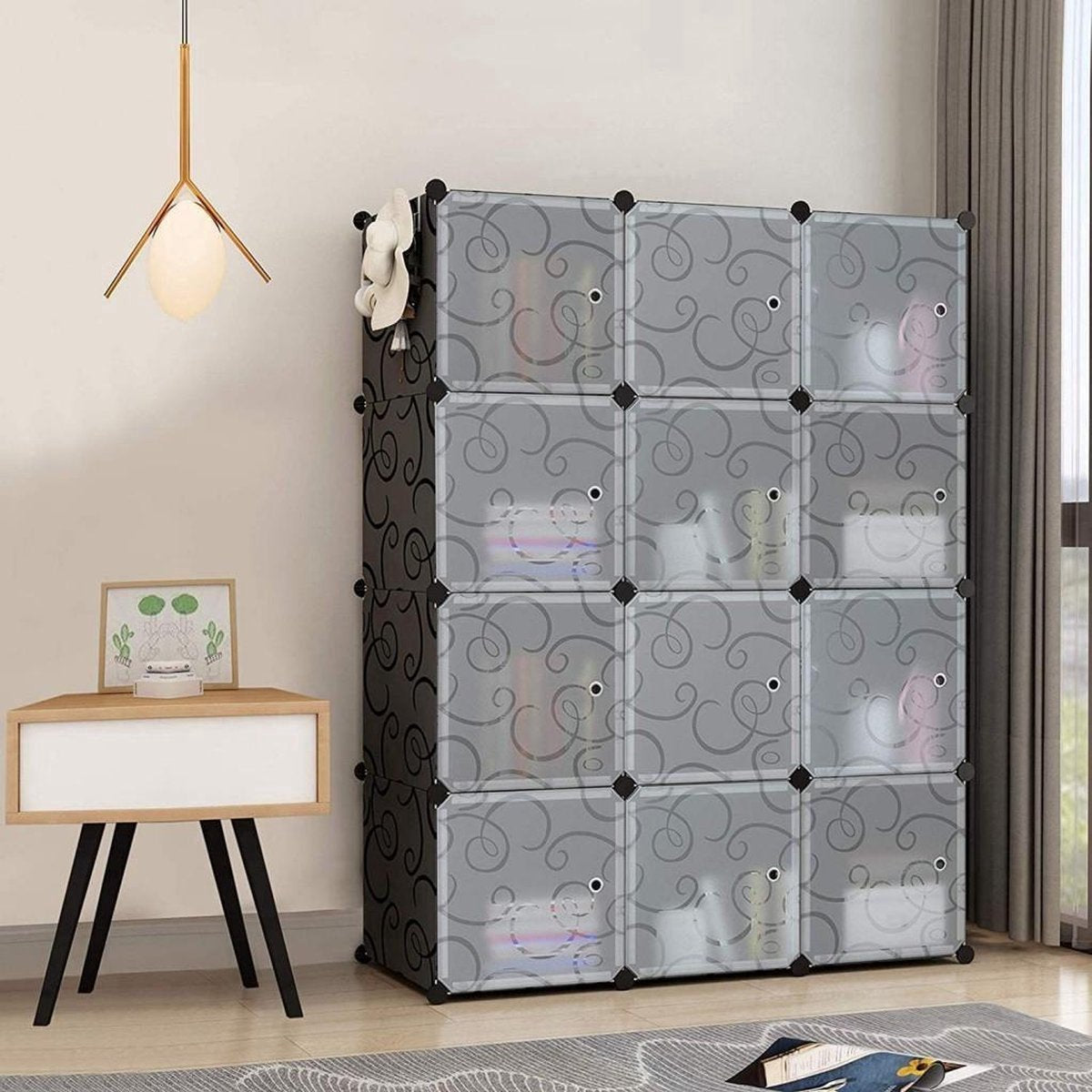 LG Life's Green Modular Storage Cabinet – 110x46.5x145CM – Cabinet with 12 Storage Compartments and 2 Hanging Rods – Plastic Wardrobe – Compartment Cabinet – Black