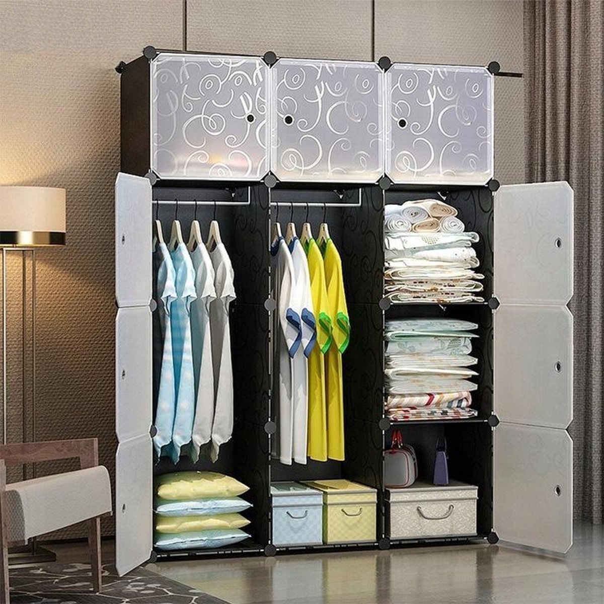 LG Life's Green Modular Storage Cabinet – 110x46.5x145CM – Cabinet with 12 Storage Compartments and 2 Hanging Rods – Plastic Wardrobe – Compartment Cabinet – Black