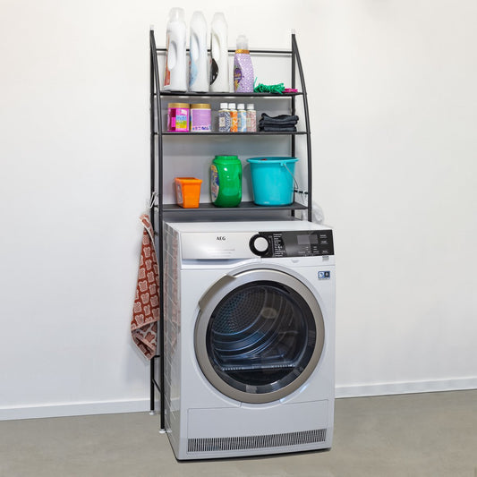 LG Life's Green wasmachine ombouw – Ruimtebesparende wasmachinekast – Opbergrek met 3 planken en handdoekhaken – Stabiele constructie – B65 x D25 x H175 cm – Zwart