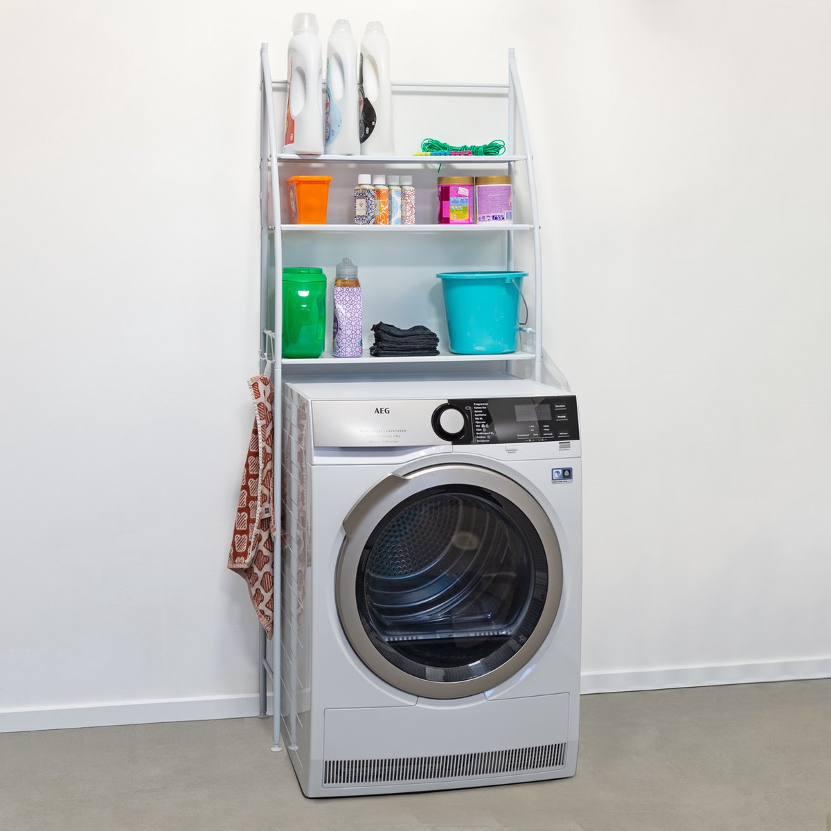 LG Life's Green wasmachine ombouw – Ruimtebesparende wasmachinekast – Opbergrek met 3 planken en handdoekhaakjes – Stabiele constructie – B65 x D25 x H175 cm – Wit